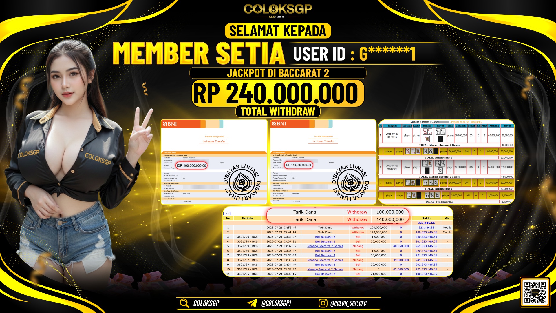 COLOKSGP JACKPOT IDNLIVE - BACCARAT 2 RP240.000.000,- LUNAS