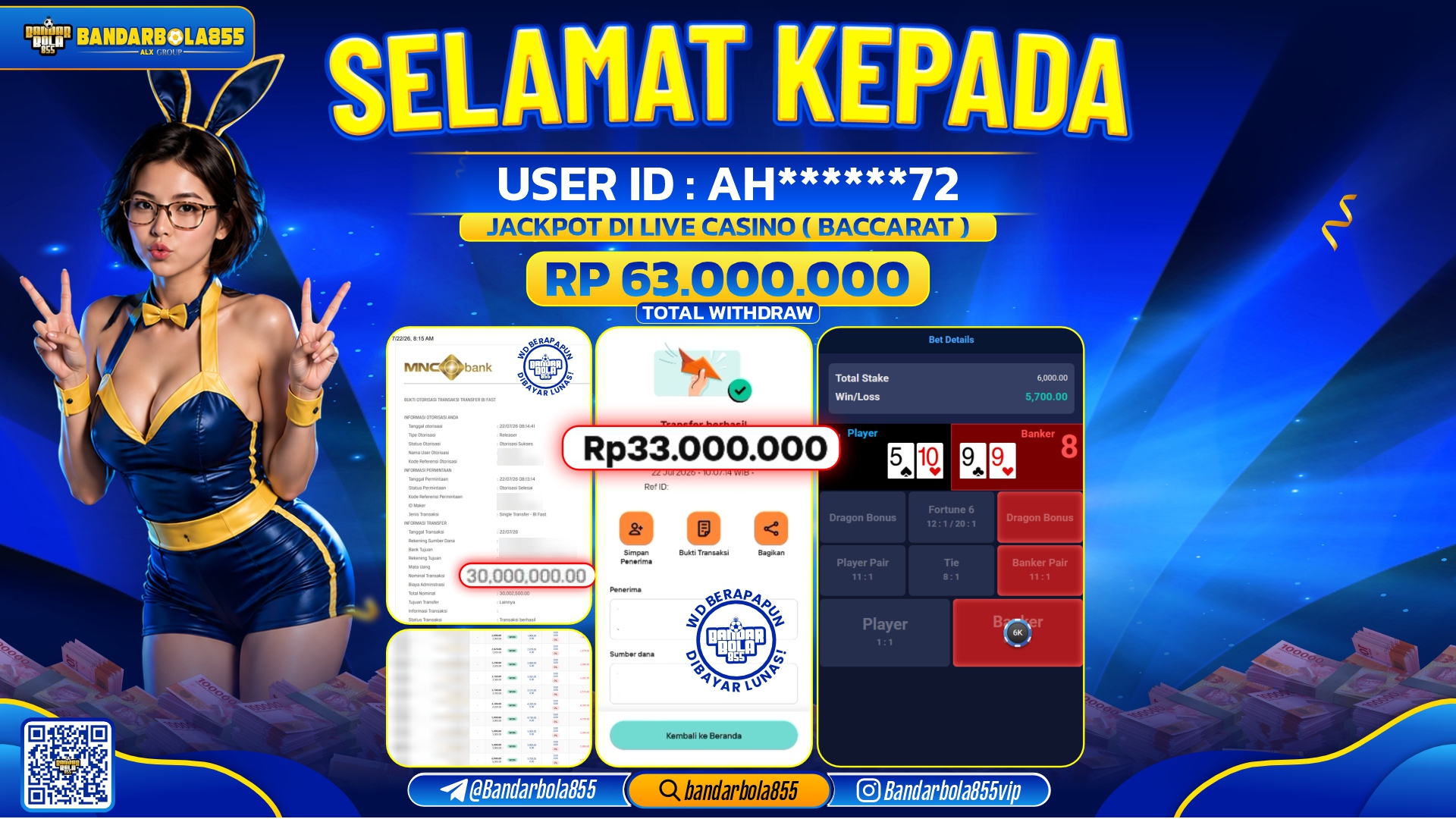 JACKPOT BANDARBOLA855 DI LIVE CASINO (BACCARAT)  Rp63.000.000, - LUNAS🎖