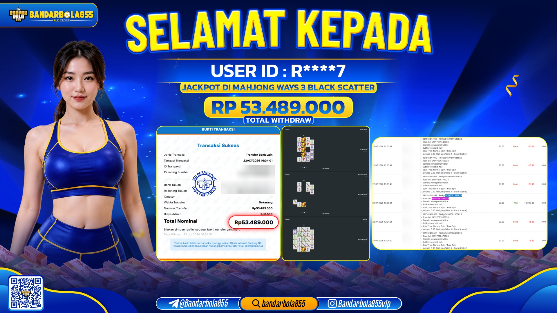 JACKPOT BANDARBOLA855 DI MAHJONG WAYS 3 BLACK SCATTER  Rp53.489.000, - LUNAS🎖