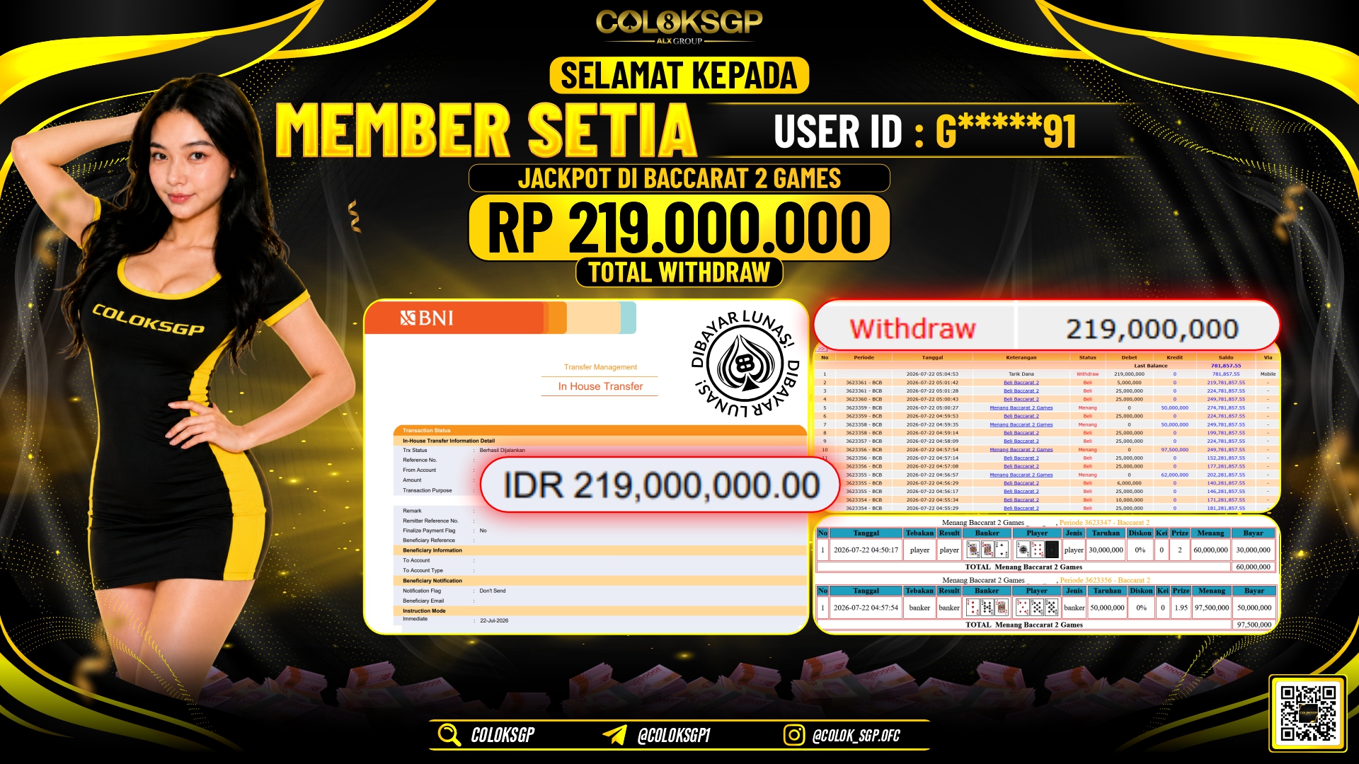 COLOKSGP JACKPOT IDNLIVE - BACCARAT 2 RP219.000.000,- LUNAS