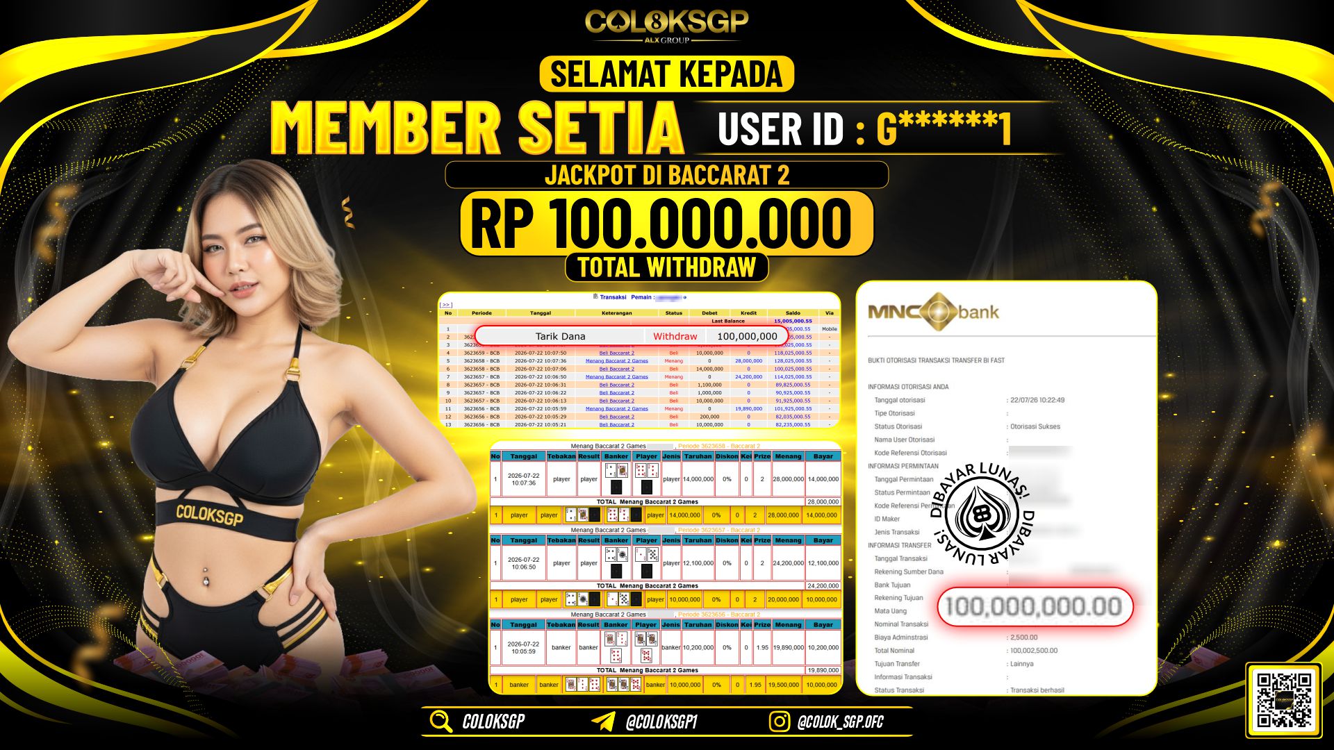 COLOKSGP JACKPOT IDNLIVE - BACCARAT 2 RP100.000.000,- LUNAS