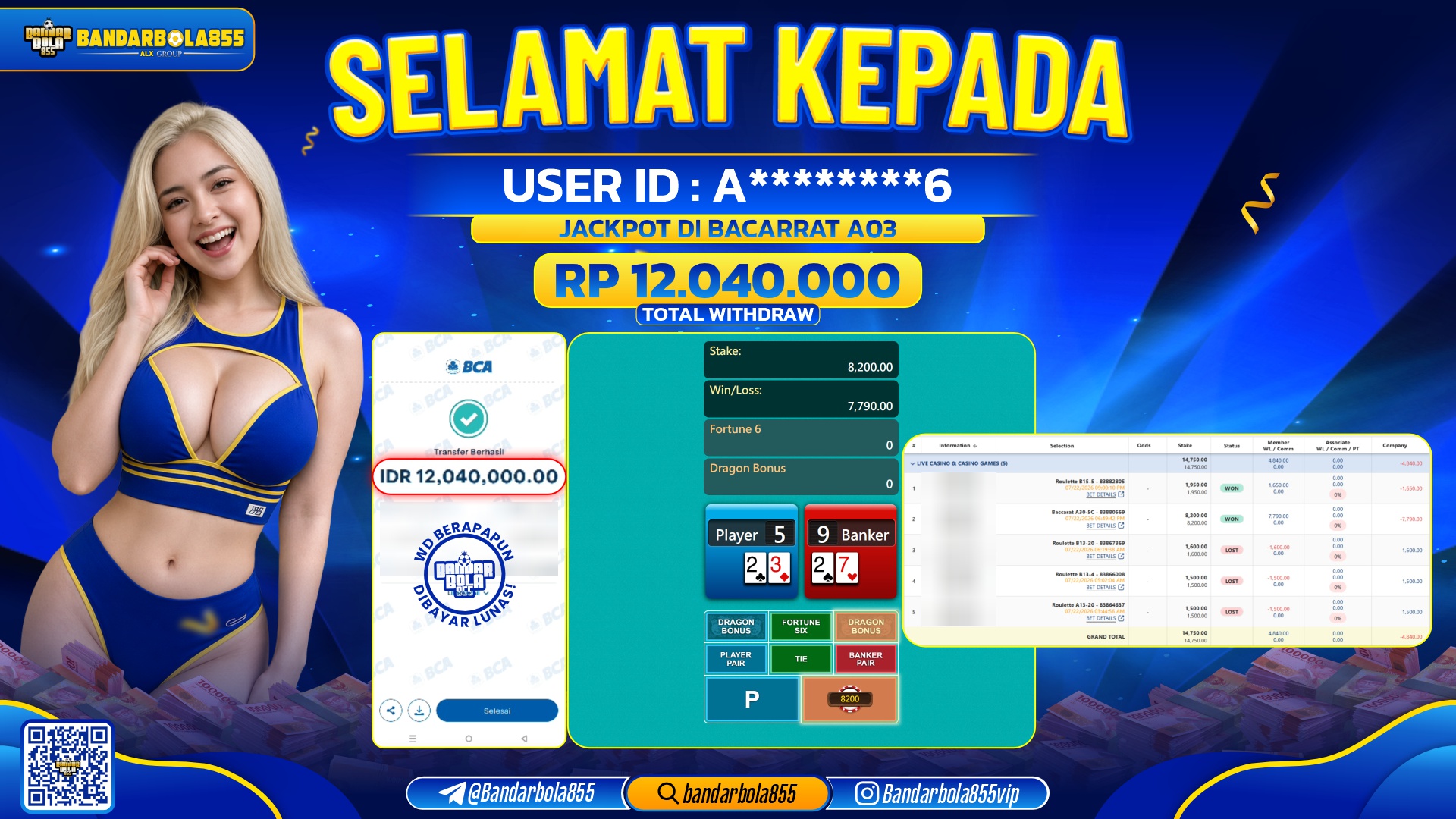 JACKPOT BANDARBOLA855 DI BACARRAT A03 Rp12.040.000, - LUNAS🎖