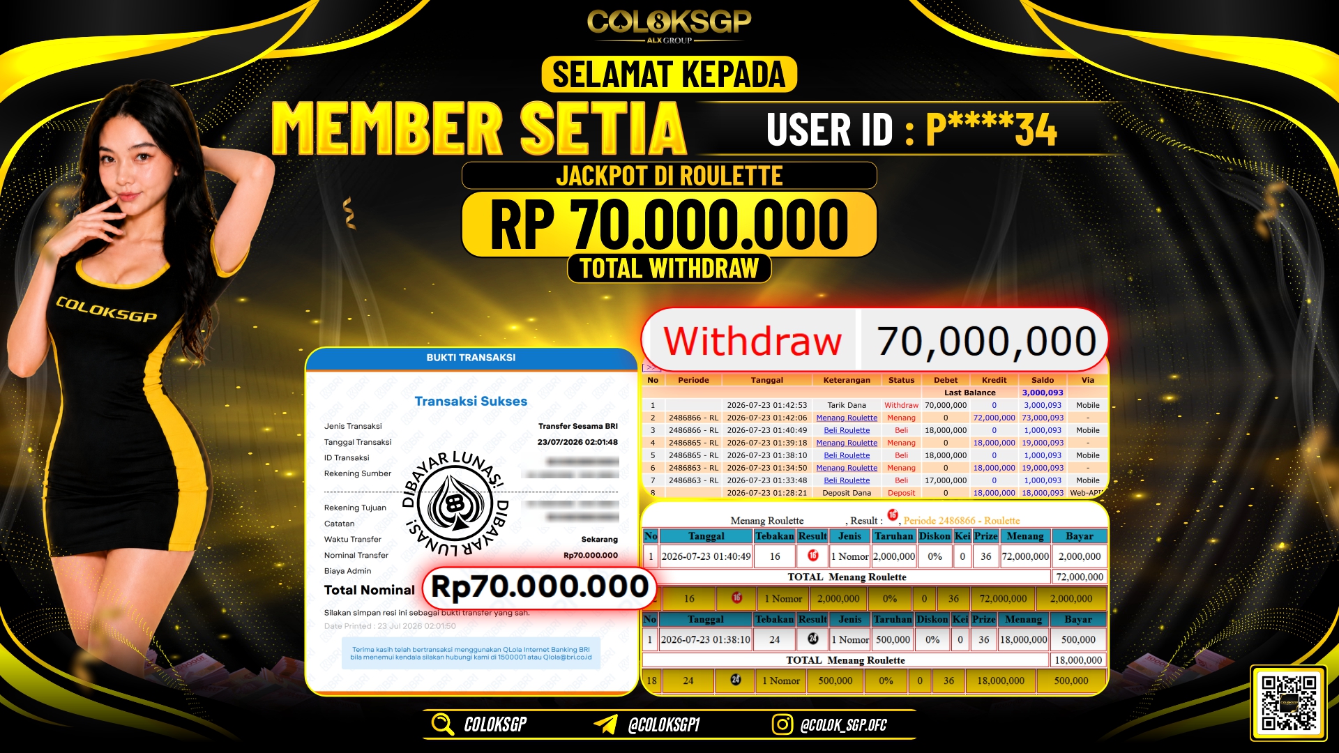 COLOKSGP JACKPOT IDNLIVE - ROULETTE RP70.000.000,- LUNAS