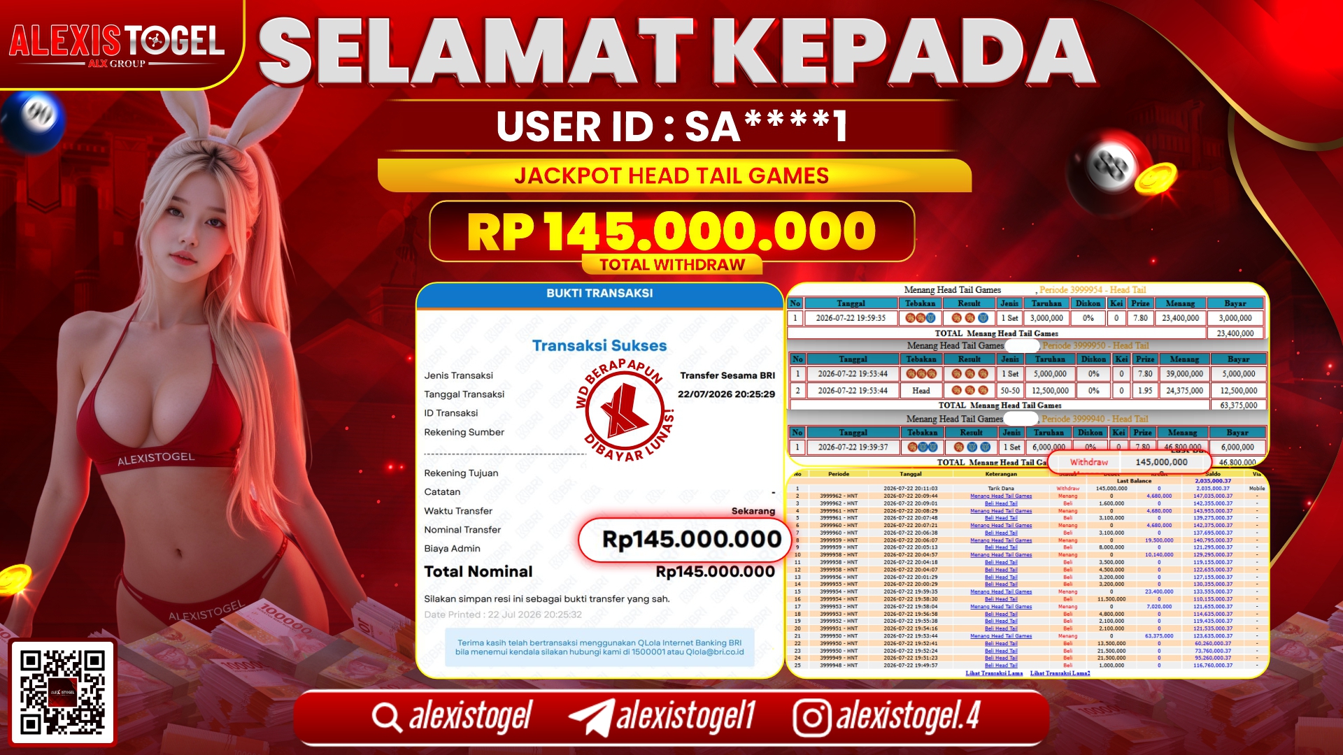 ALEXISTOGEL JACKPOT DI HEAD TAIL GAMES RP.145.000.000,- LUNAS