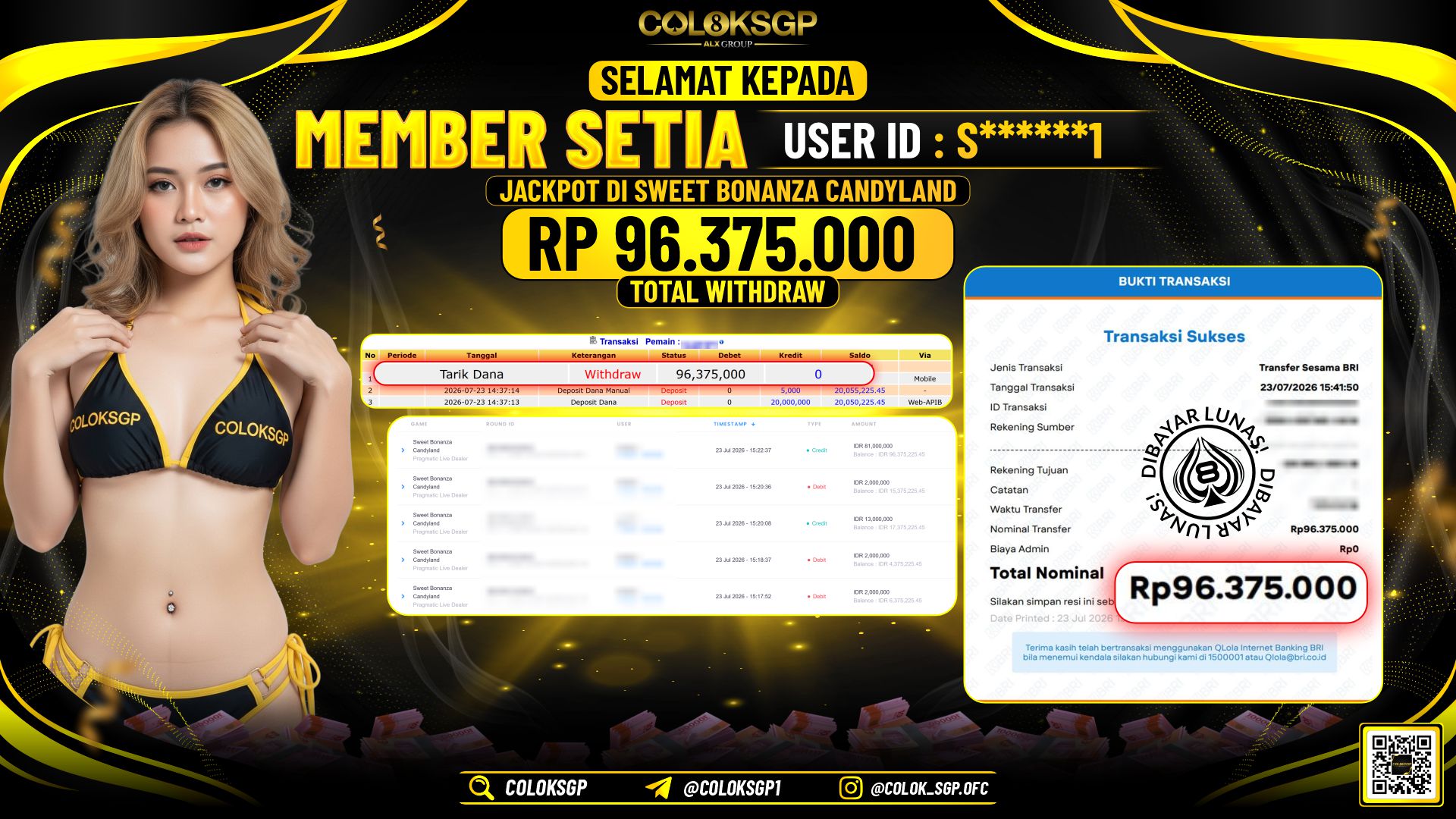 COLOKSGP JACKPOT PRAGMATIC LIVE DEALER - SWEET BONANZA CANDYLAND RP96.375.000,- LUNAS