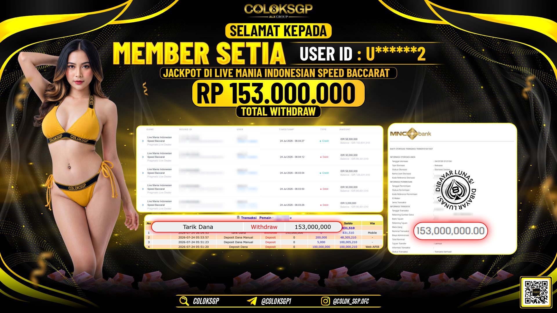 COLOKSGP JACKPOT PRAGMATIC LIVE DEALER - LIVE MANIA INDONESIAN SPEED BACCARAT RP153.000.000,- LUNAS