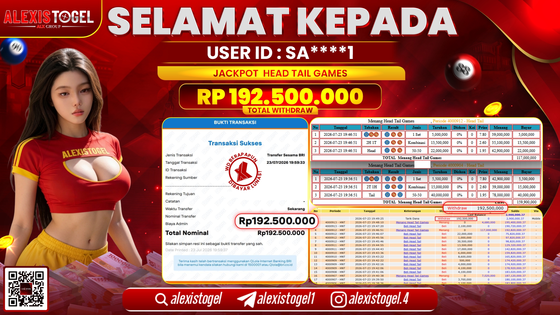 ALEXISTOGEL JACKPOT DI HEAD TAIL GAMES RP.192.500.000,- LUNAS