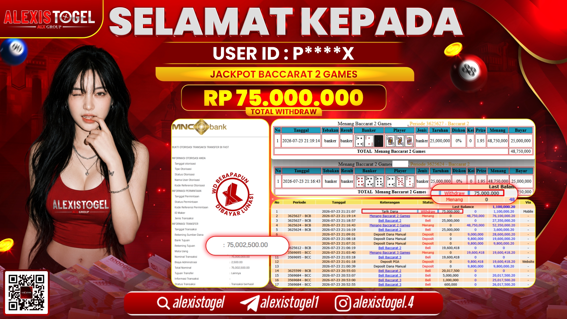 ALEXISTOGEL JACKPOT DI BACCARAT 2 GAMES RP.75.000.000,- LUNAS