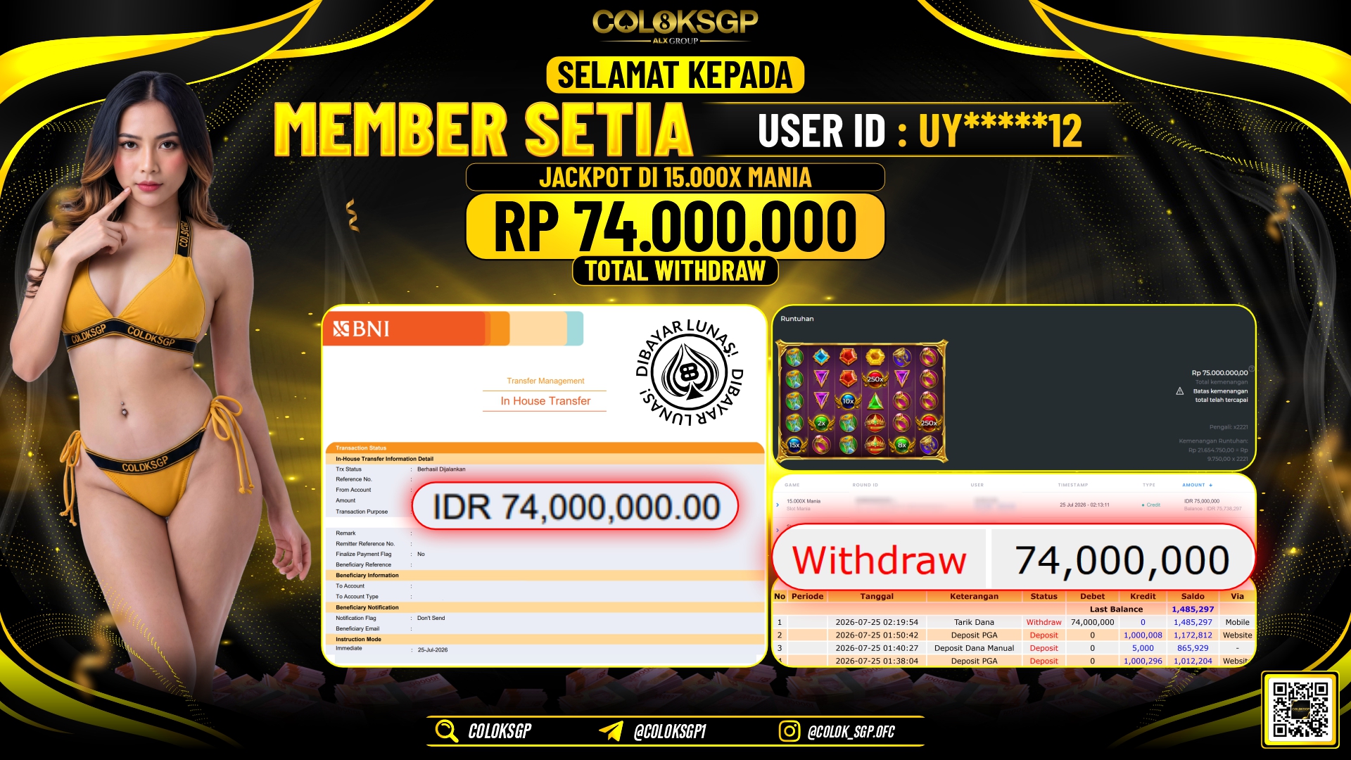 COLOKSGP JACKPOT SLOT MANIA - 15.000X MANIA RP74.000.000,- LUNAS