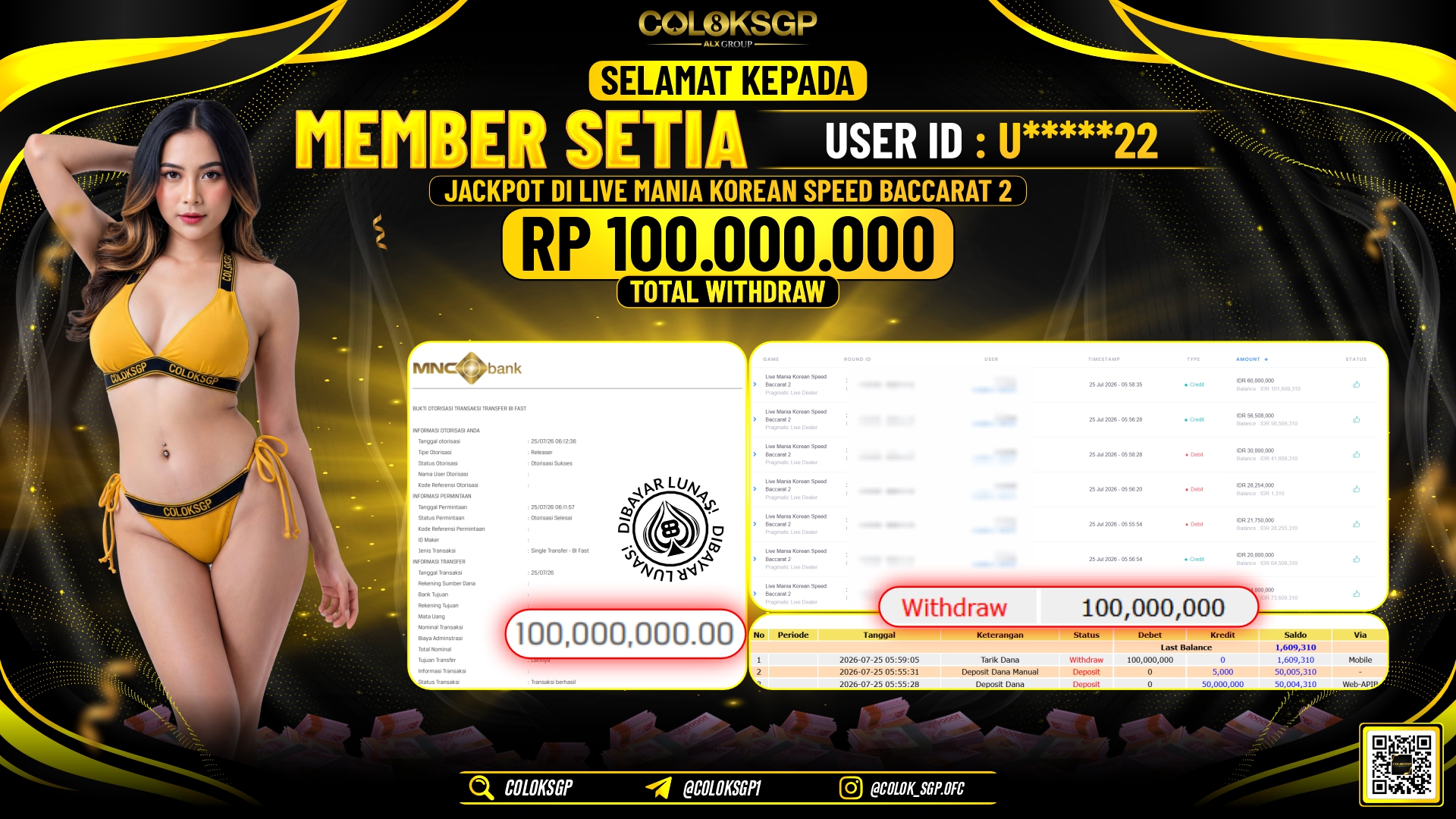 COLOKSGP JACKPOT PRAGMATIC LIVE DEALER - LIVE MANIA KOREAN SPEED BACCARAT 2 RP100.000.000,- LUNAS