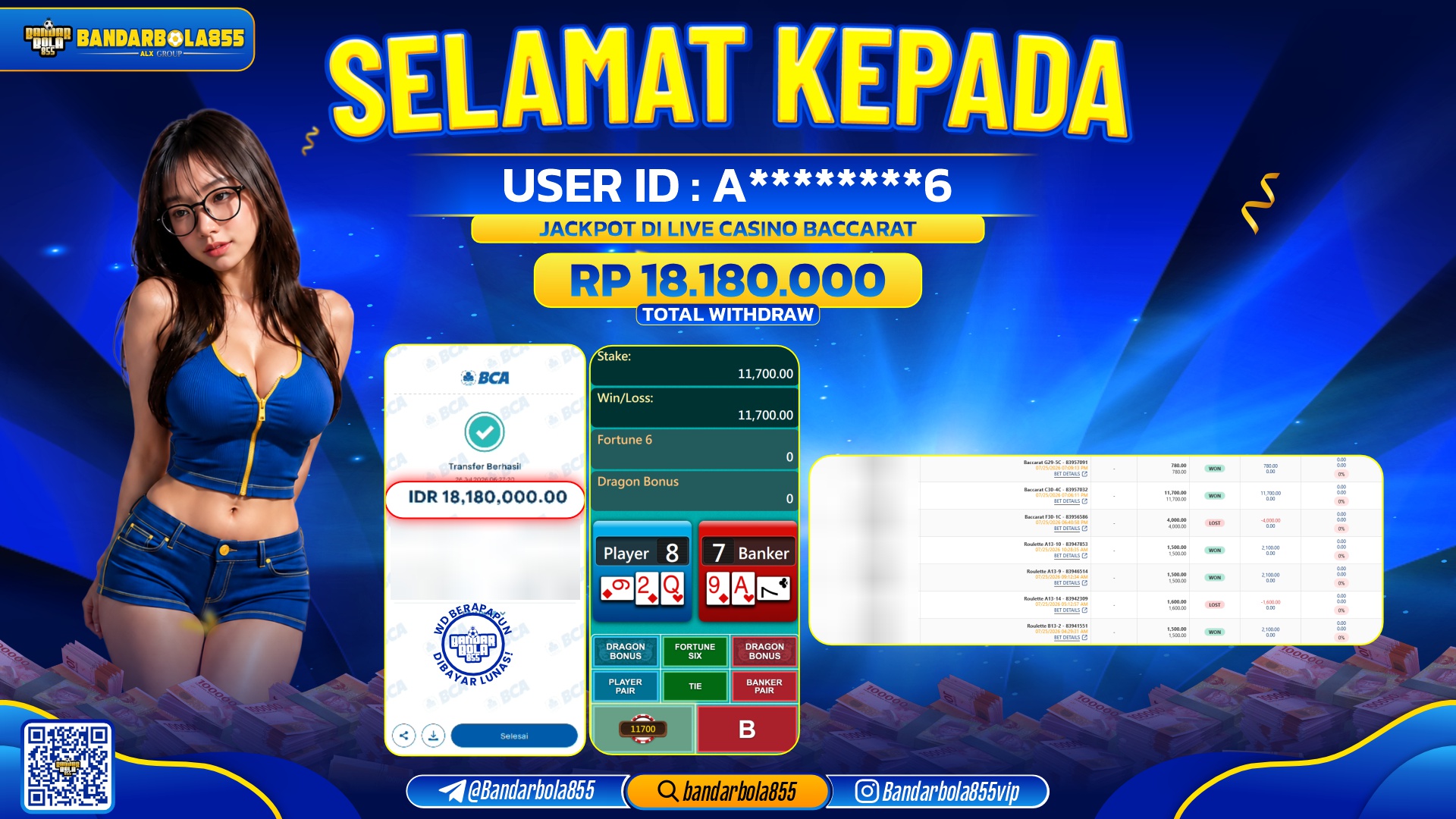 JACKPOT BANDARBOLA855 DI LIVE CASINO BACCARAT Rp18.180.000, - LUNAS🎖