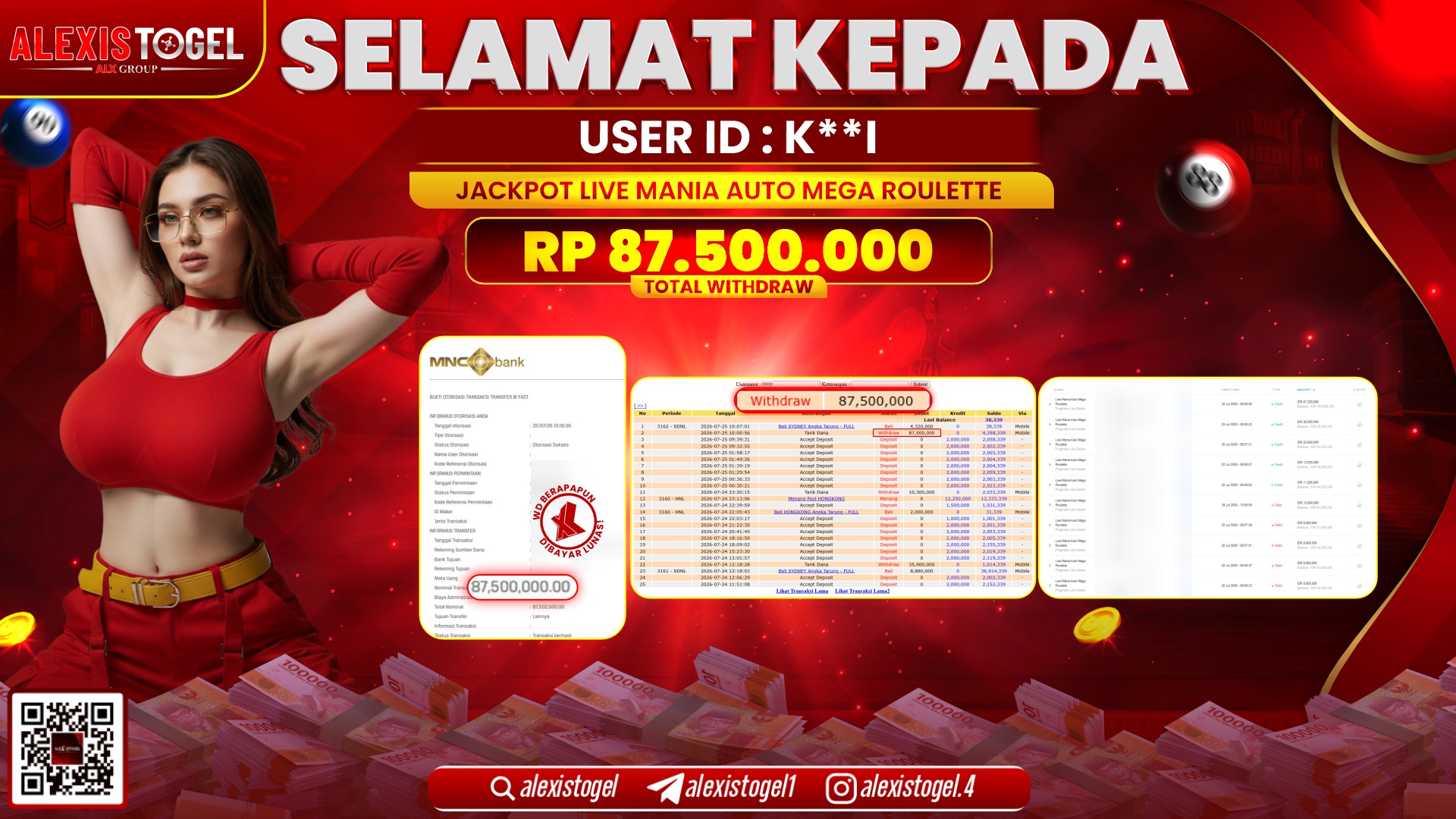 ALEXISTOGEL JACKPOT DI LIVE MANIA AUTO MEGA ROULETTE RP.87.500.000,- LUNAS