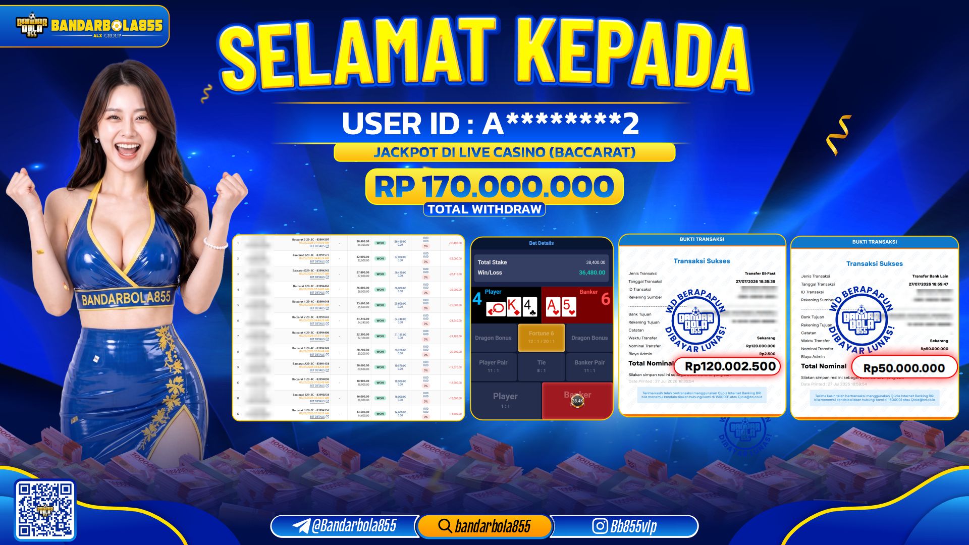 JACKPOT BANDARBOLA855 DI LIVE CASINO (BACCARAT) Rp170.000.000, - LUNAS🎖
