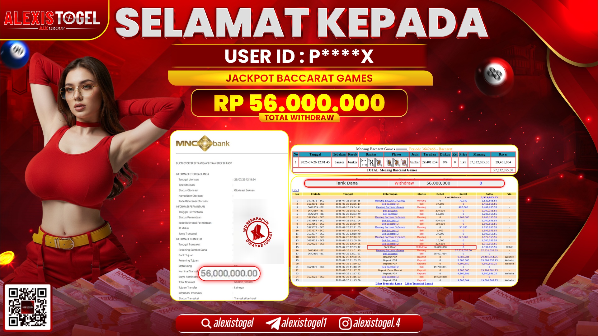 ALEXISTOGEL JACKPOT DI BACCARAT GAMES RP.56.000.000,- LUNAS