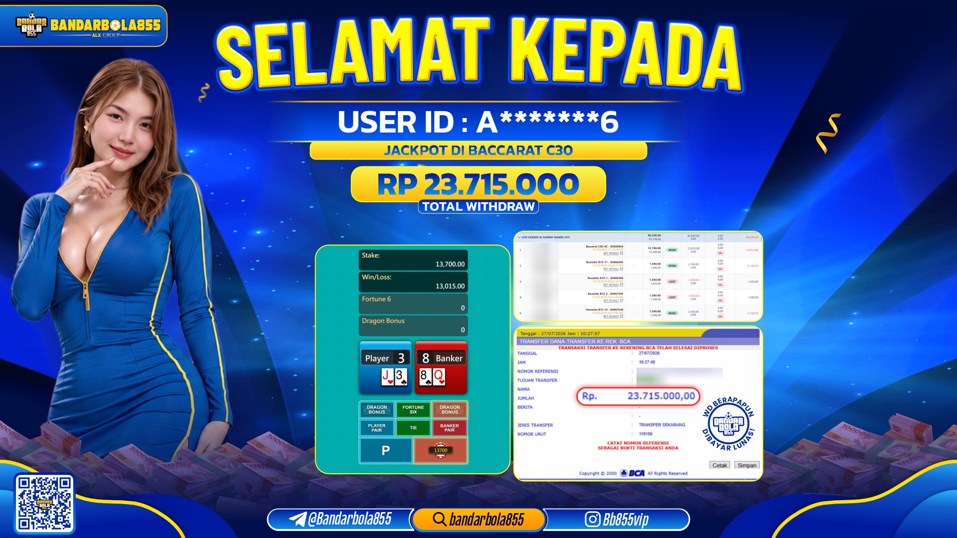 JACKPOT BANDARBOLA855 DI BACCARAT C30 Rp23.715.000, - LUNAS🎖