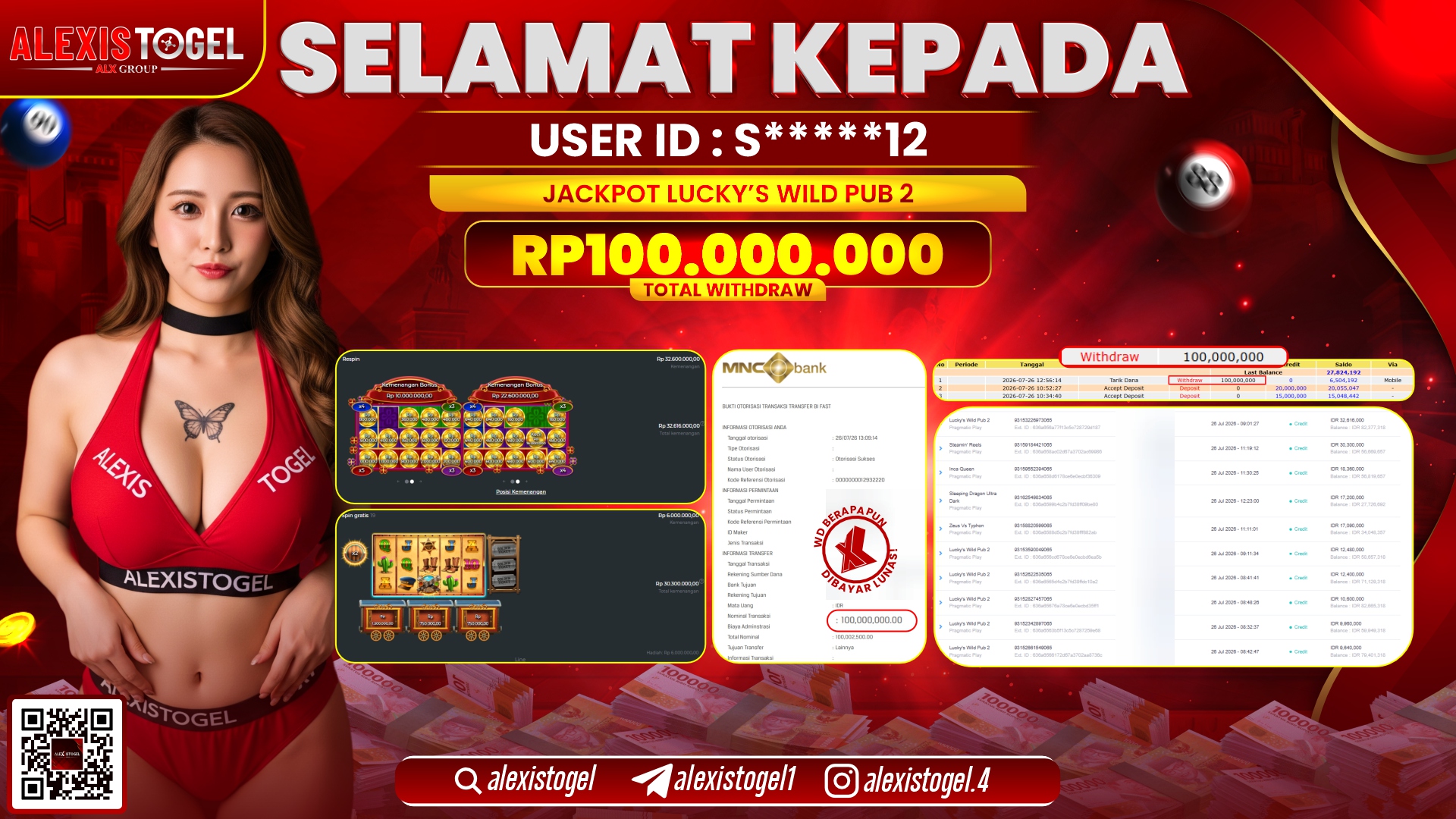 ALEXISTOGEL JACKPOT DI LUCKY'S WILD PUB 2 RP.100.000.000,- LUNAS