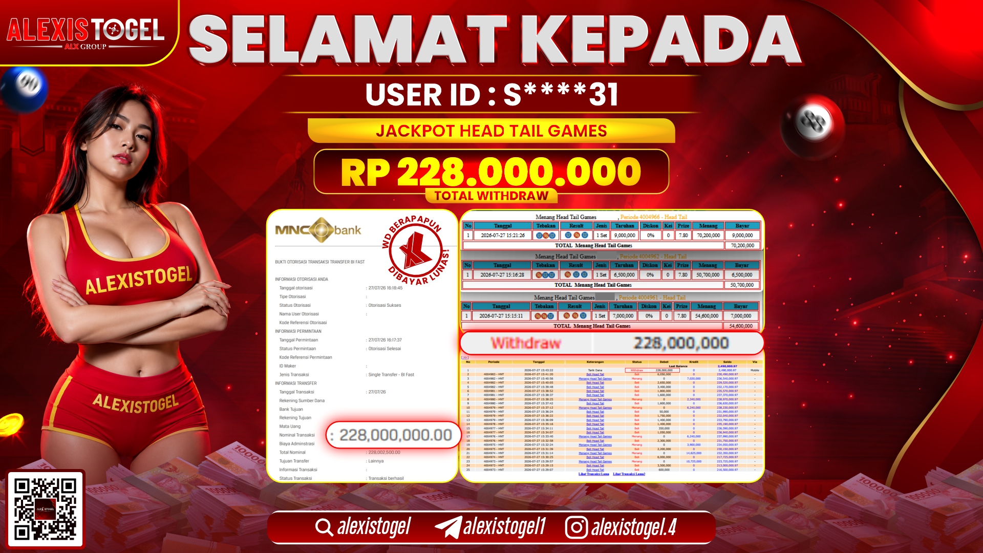 ALEXISTOGEL JACKPOT DI HEAD TAIL GAMES RP.228.000.000,- LUNAS