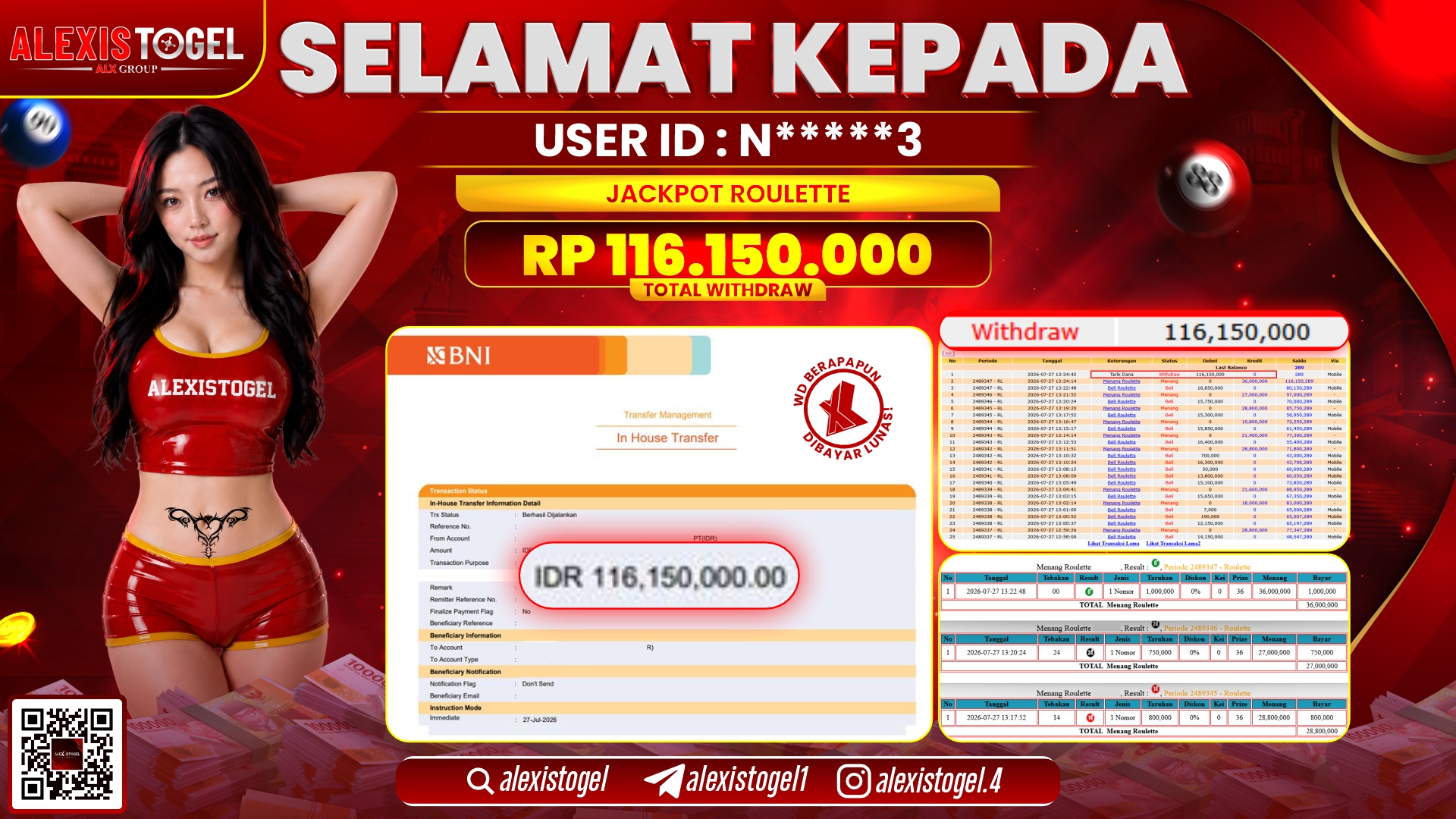 ALEXISTOGEL JACKPOT DI ROULETTE RP.116.150.000,- LUNAS