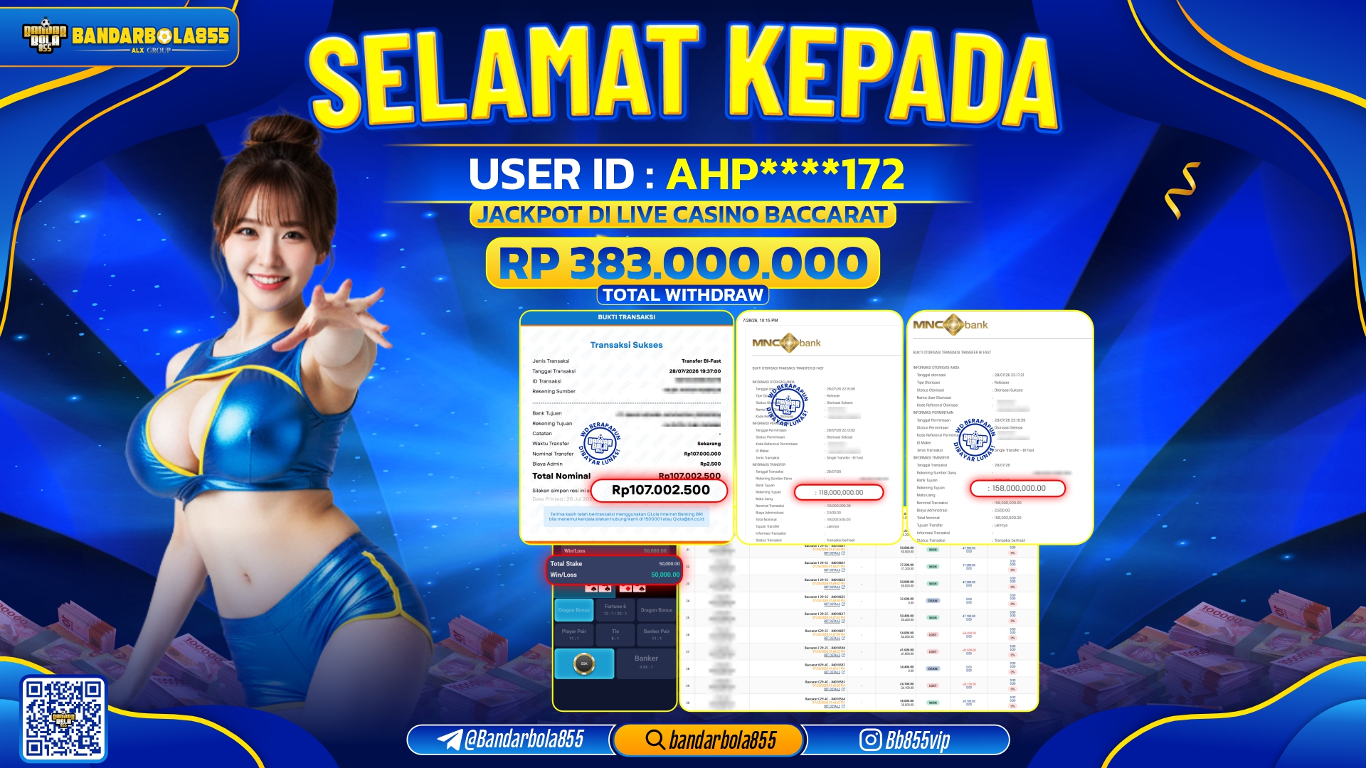 JACKPOT BANDARBOLA855 DI LIVE CASINO BACCARAT Rp383.000.000, - LUNAS🎖