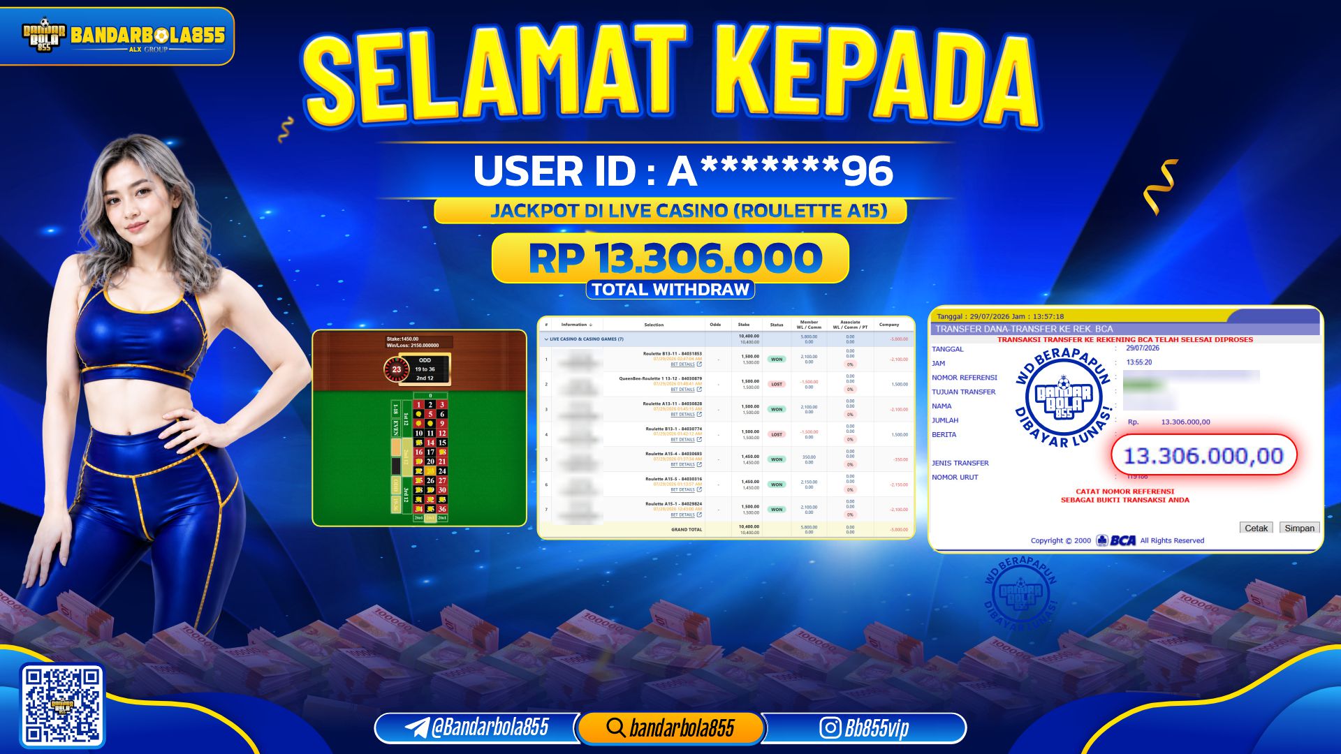 JACKPOT BANDARBOLA855 DI LIVE CASINO (ROULETTE A15) Rp13.306.000, - LUNAS🎖