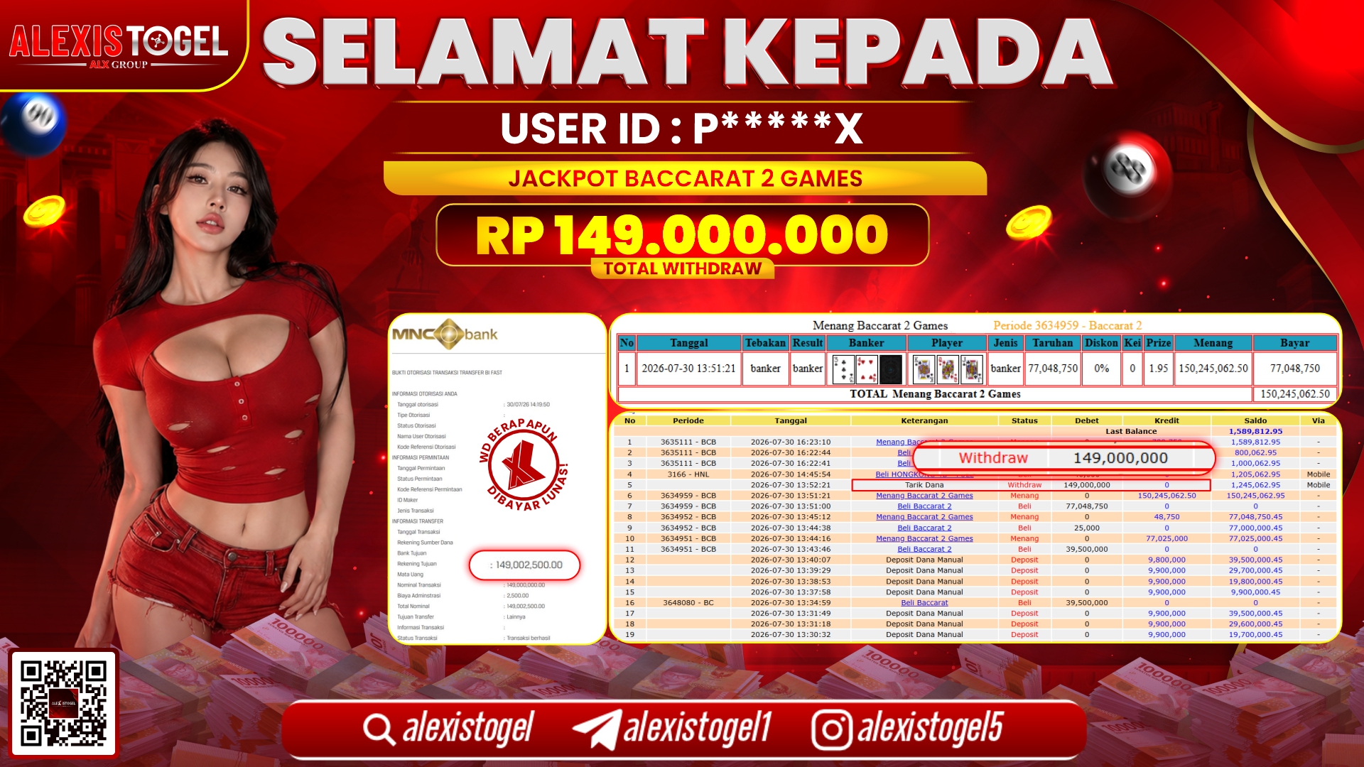 ALEXISTOGEL JACKPOT DI BACCARAT 2 GAMES RP.149.000.000,- LUNAS