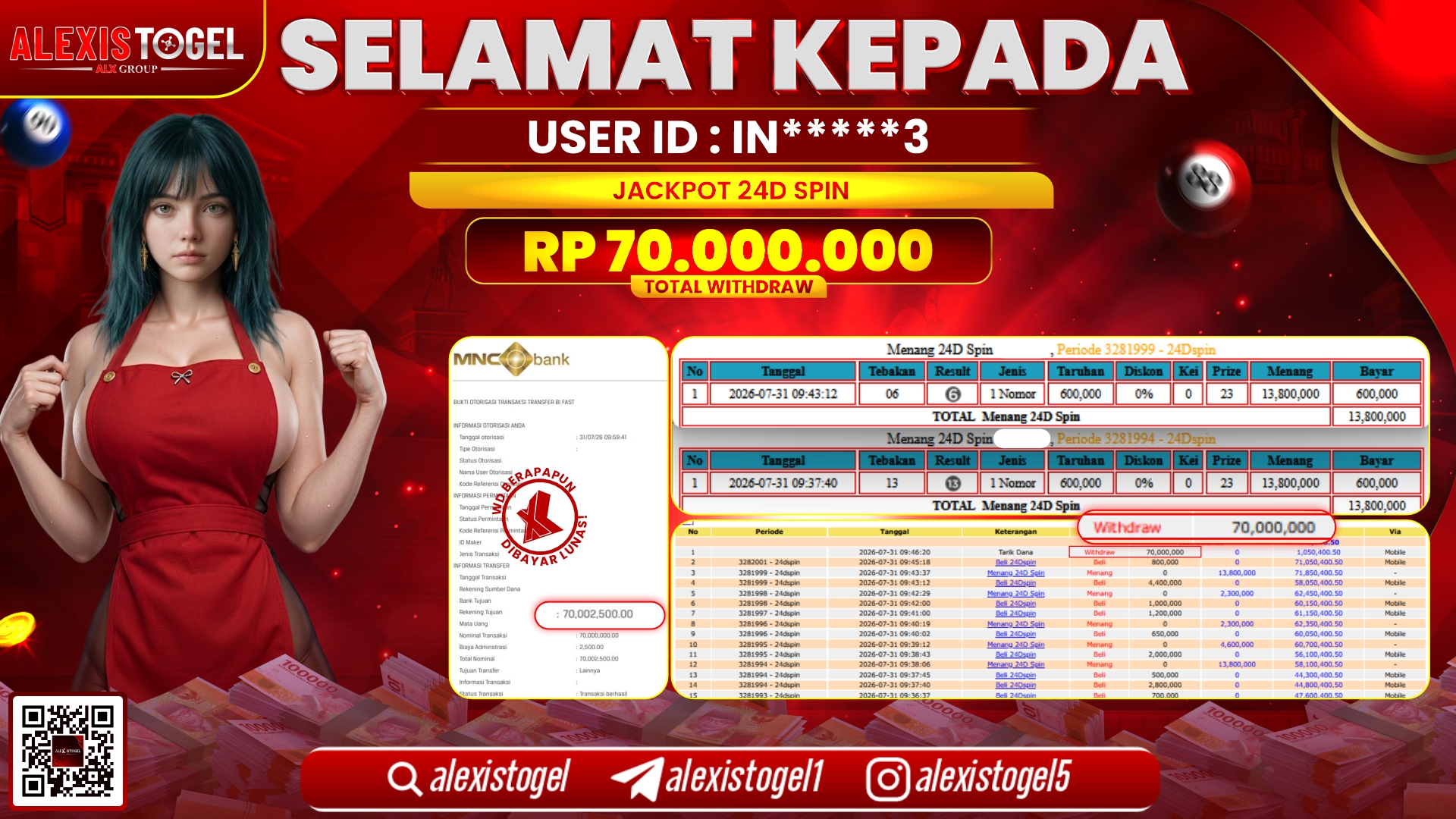 ALEXISTOGEL JACKPOT DI 24D SPIN RP.70.000.000,- LUNAS