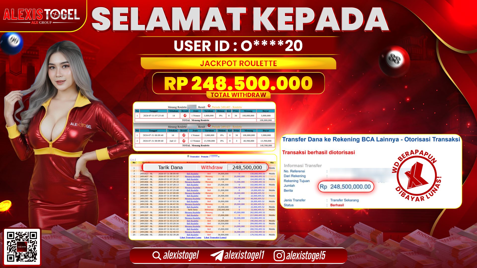 ALEXISTOGEL JACKPOT DI ROULETTE RP.248.500.000,- LUNAS