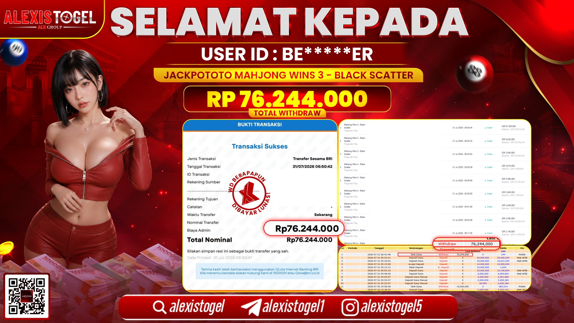 ALEXISTOGEL JACKPOT DI MAHJONG WINS 3 BLACK SCATTER RP.76.244.000,- LUNAS