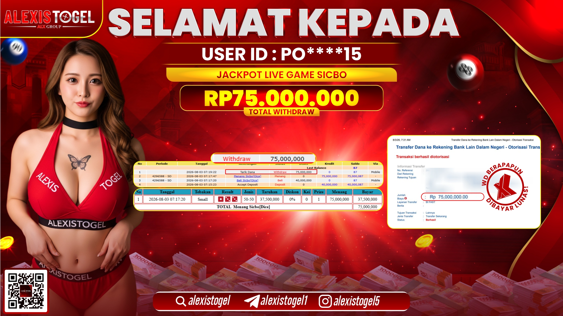 ALEXISTOGEL JACKPOT DI LIVE GAME SICBO RP.75.000.000,- LUNAS