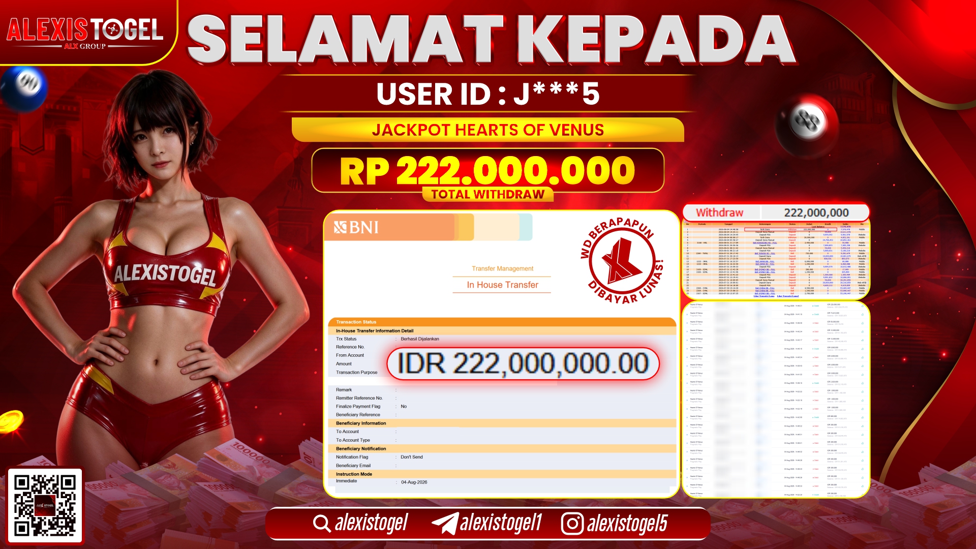 ALEXISTOGEL JACKPOT DI HEARTS OF VENUS RP.222.000.000,- LUNAS