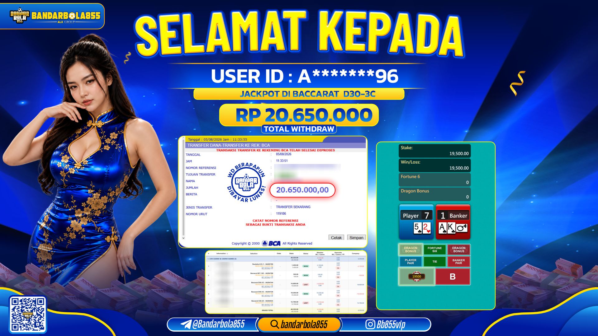 JACKPOT BANDARBOLA855 DI BACCARAT D30-3C Rp20.650.000, - LUNAS🎖