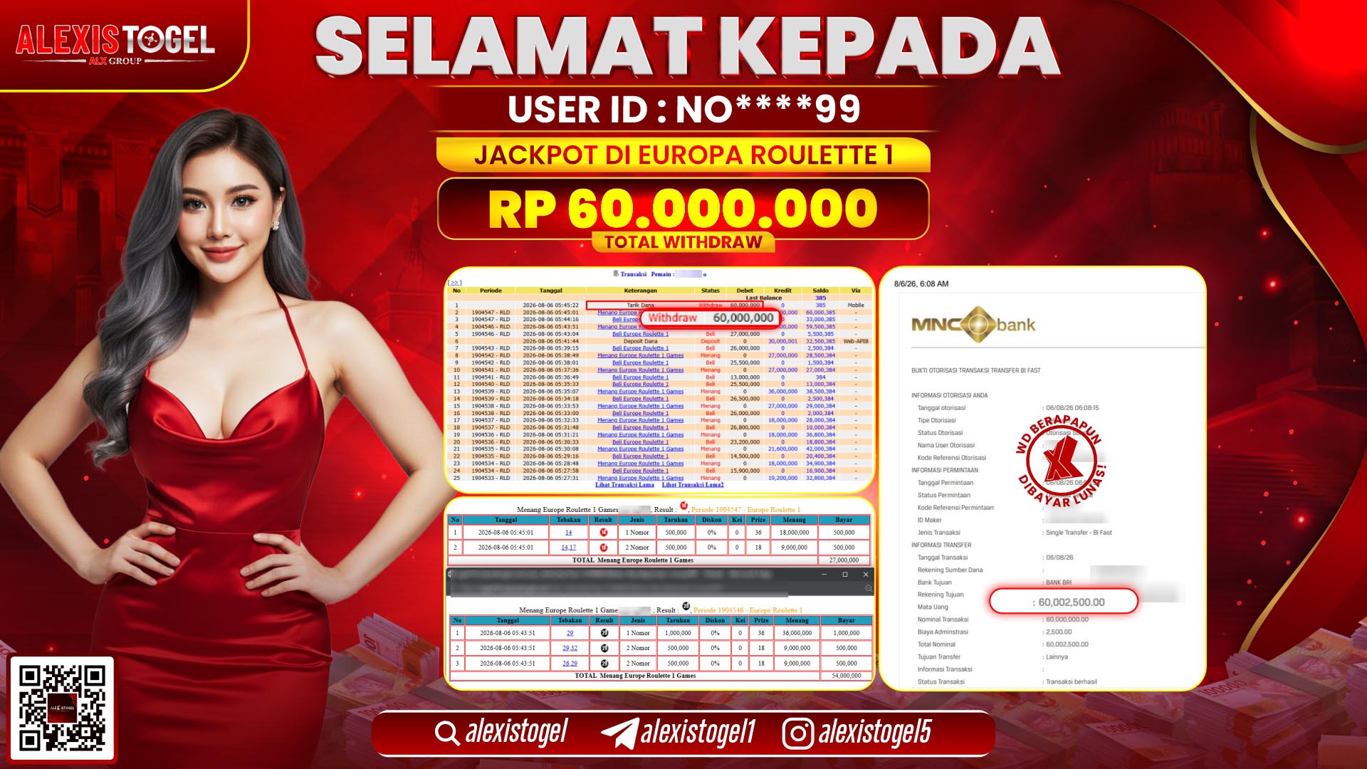 ALEXISTOGEL JACKPOT DI EUROPE ROULETTE 1 RP.60.000.000,- LUNAS