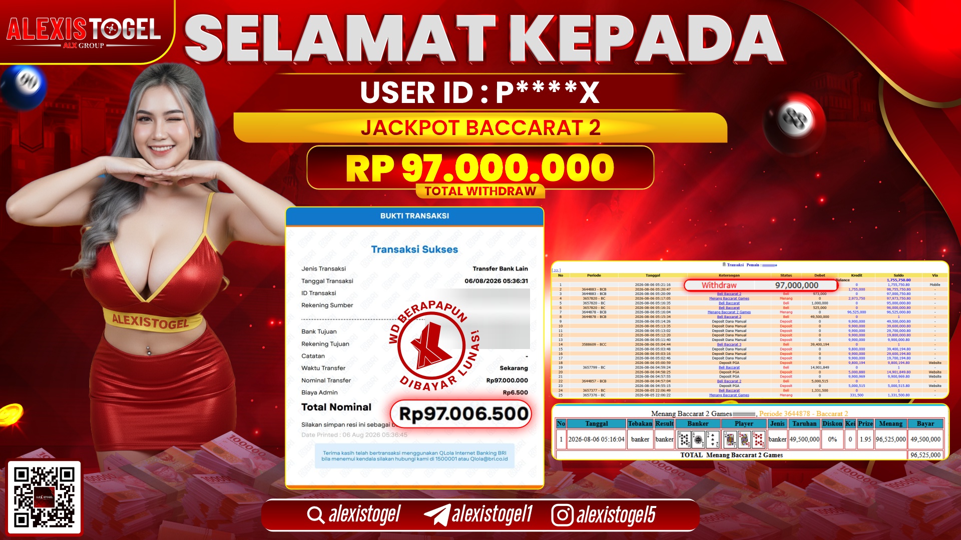ALEXISTOGEL JACKPOT DI BACCARAT 2 RP.97.000.000,- LUNAS