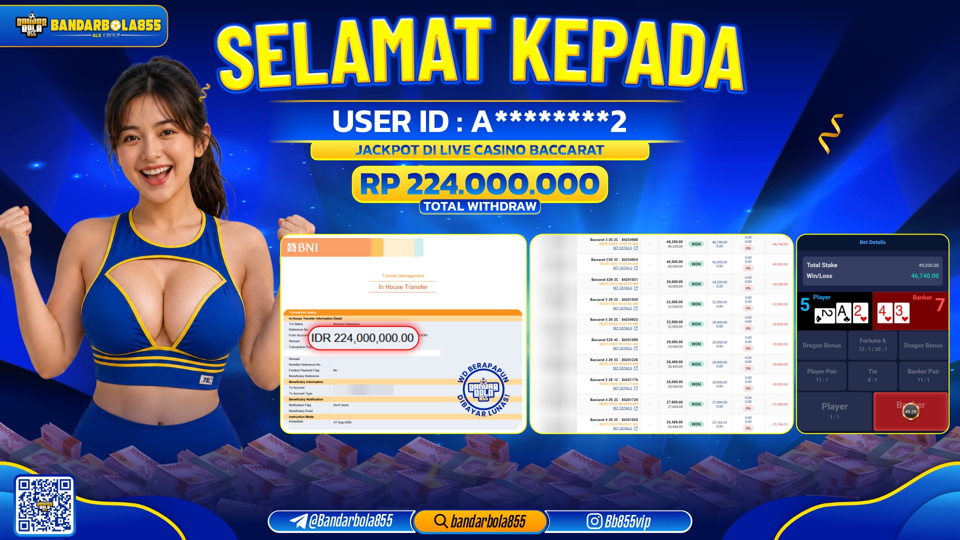 JACKPOT BANDARBOLA855 DI LIVE CASINO BACCARAT Rp224.000.000, - LUNAS🎖