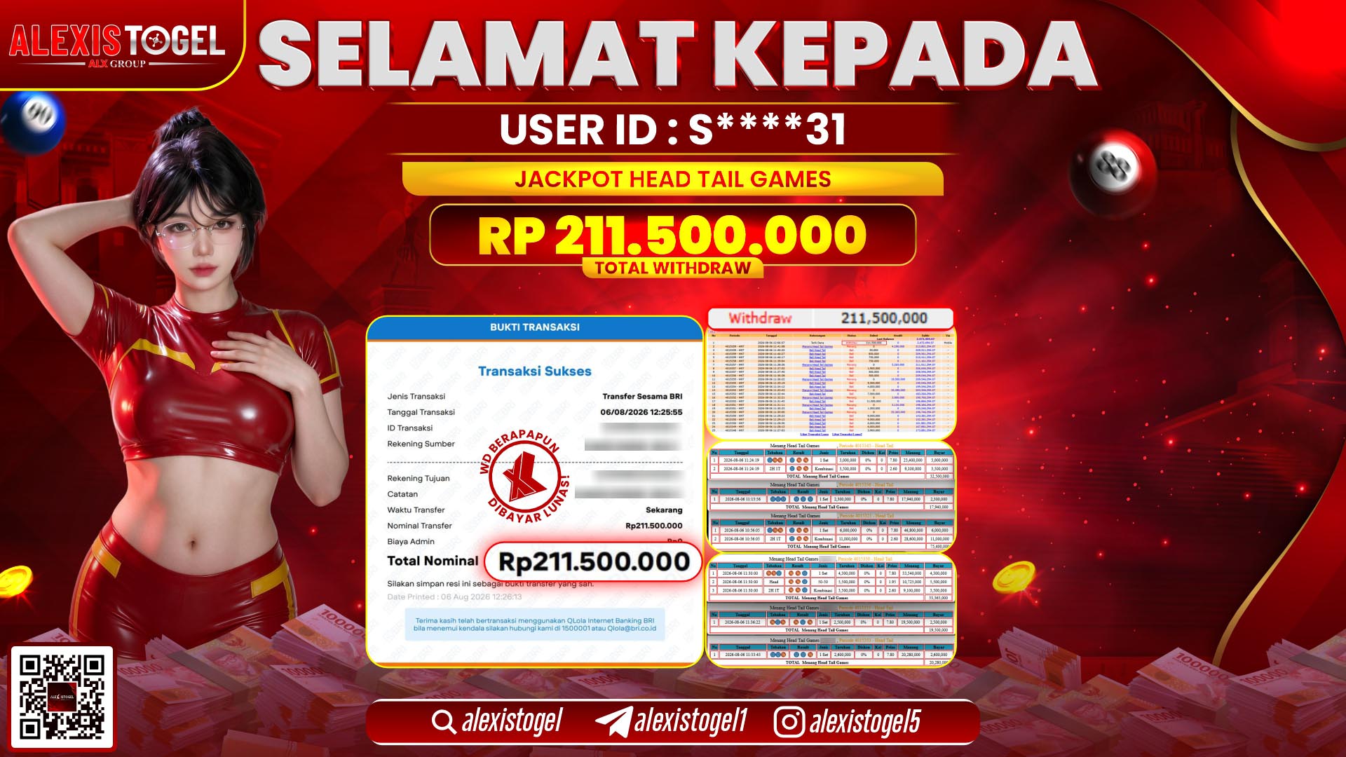ALEXISTOGEL JACKPOT DI HEAD TAIL GAMES RP.211.500.000,- LUNAS