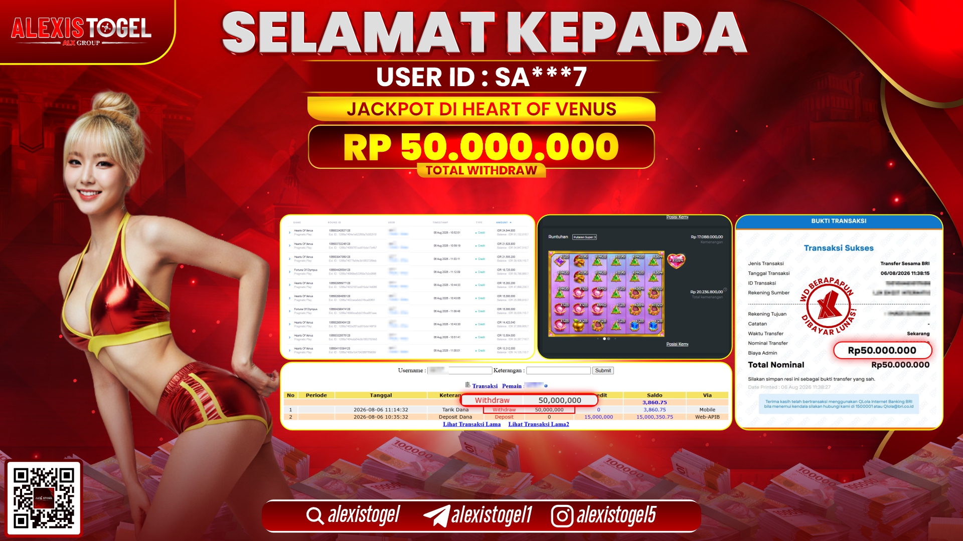 ALEXISTOGEL JACKPOT DI HEART OF VENUS RP.50.000.000,- LUNAS