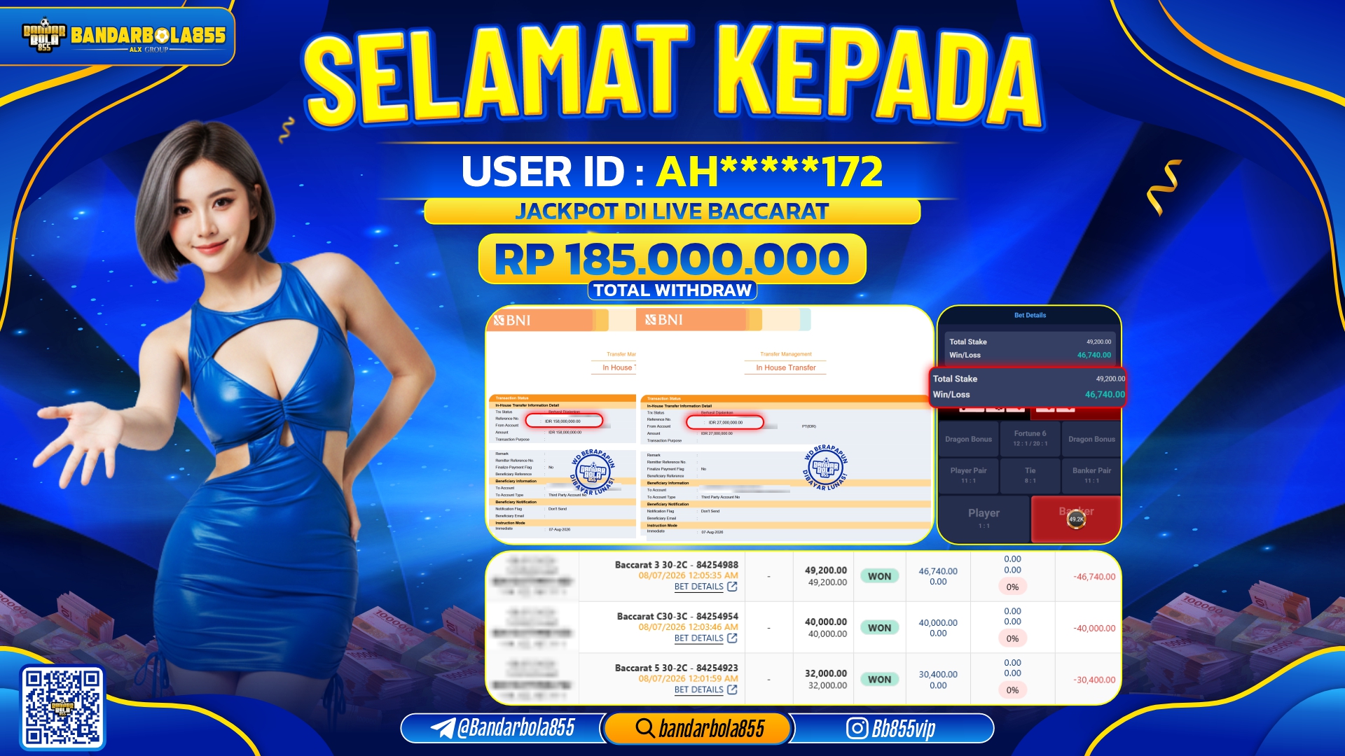 JACKPOT BANDARBOLA855 DI LIVE BACCARAT Rp185.000.000, - LUNAS🎖