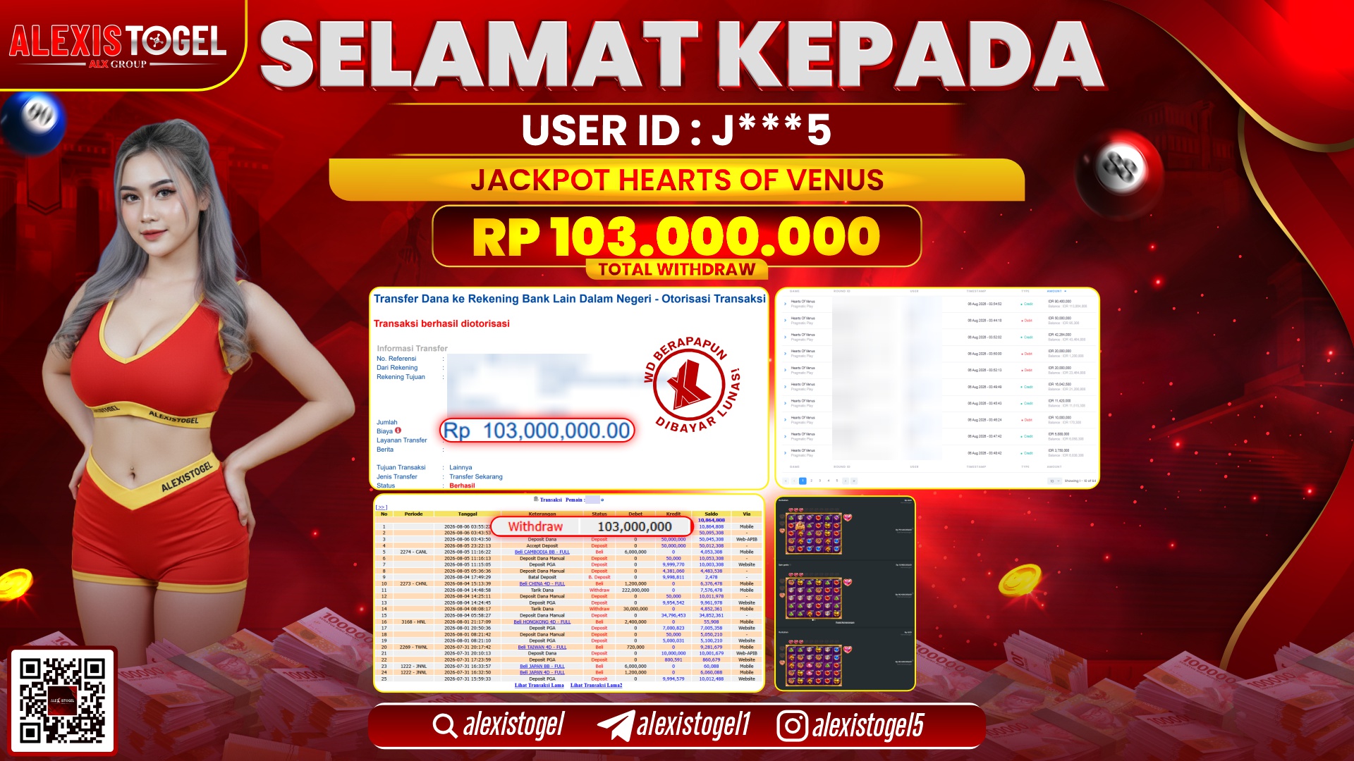ALEXISTOGEL JACKPOT DI HEARTS OF VENUS RP.103.000.000,- LUNAS