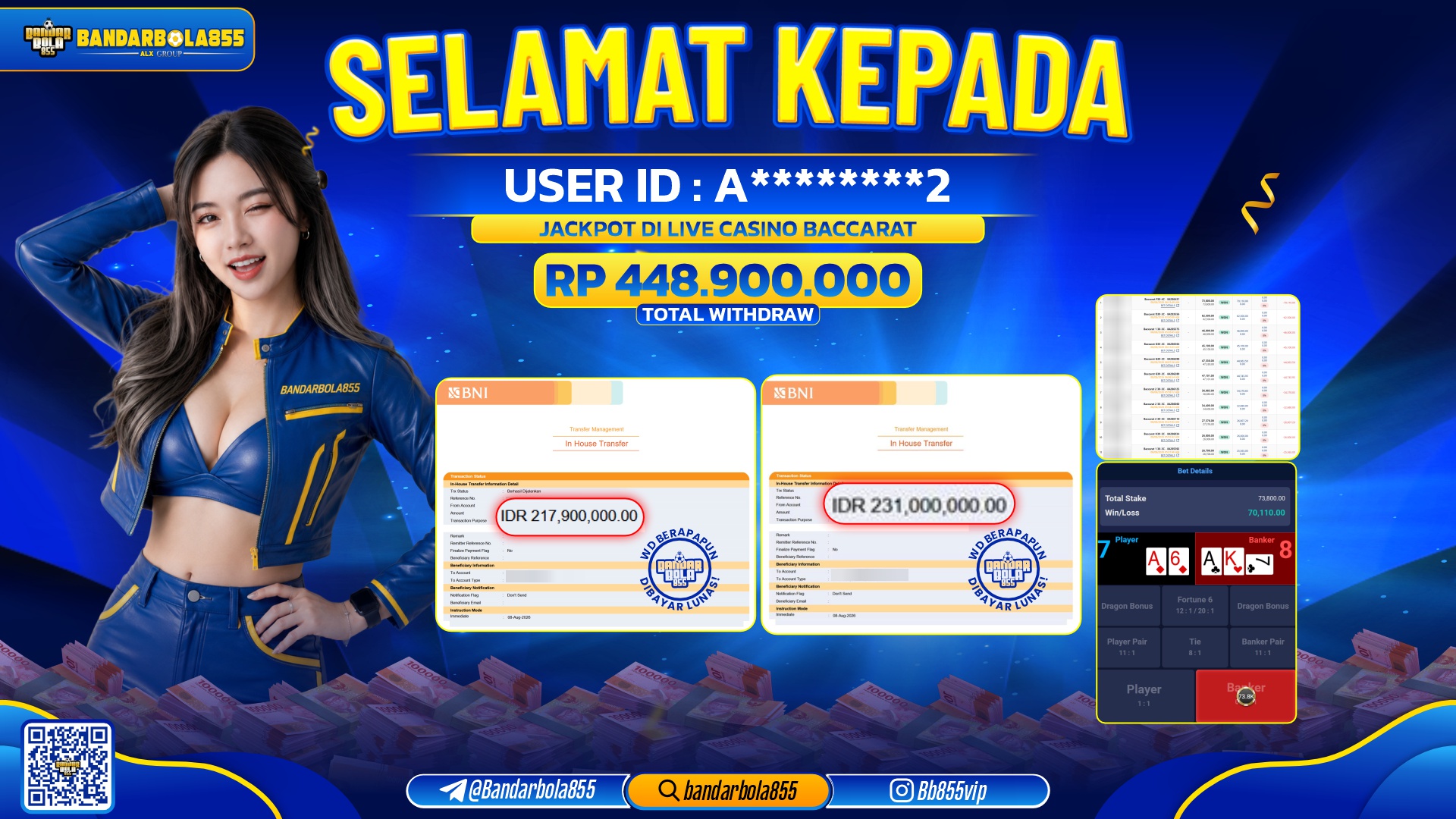 JACKPOT BANDARBOLA855 DI LIVE CASINO BACCARAT Rp448.900.000, - LUNAS🎖
