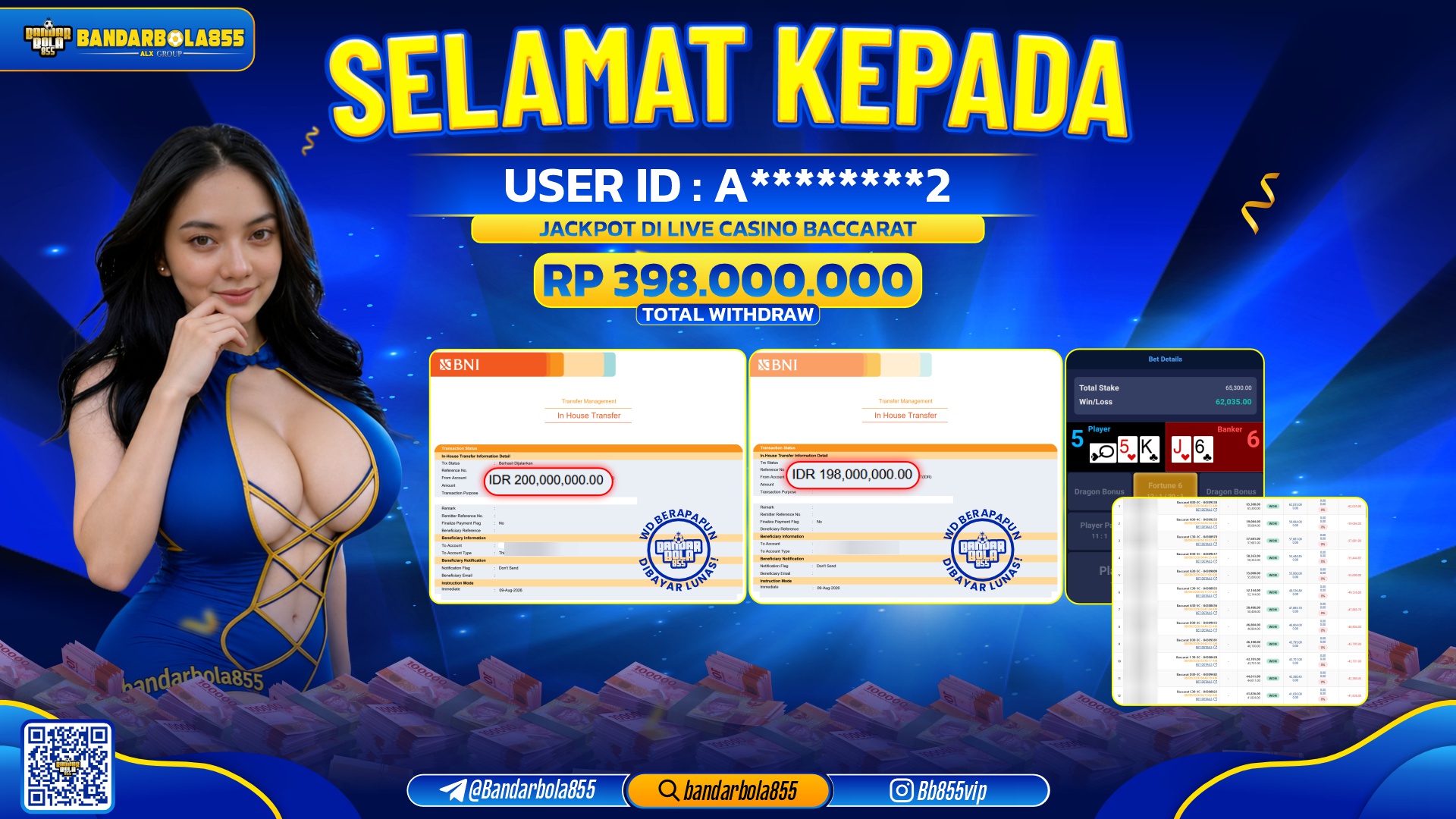 JACKPOT BANDARBOLA855 DI LIVE CASINO BACCARAT Rp398.000.000, - LUNAS🎖