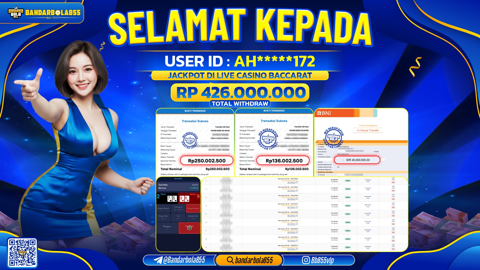 JACKPOT BANDARBOLA855 DI LIVE CASINO BACCARAT Rp426.000.000, - LUNAS🎖