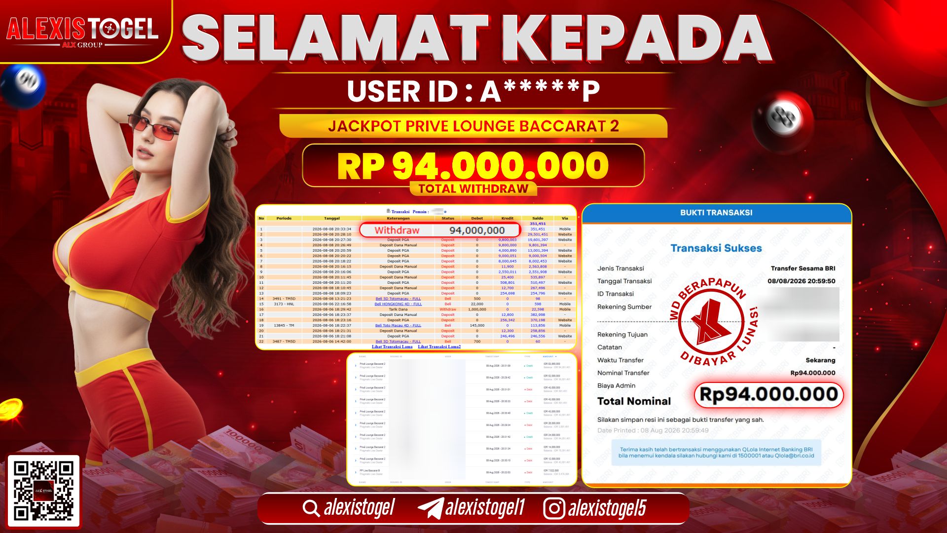 ALEXISTOGEL JACKPOT DI PRIVE LOUNGE BACCARAT 2 RP.94.000.000,- LUNAS