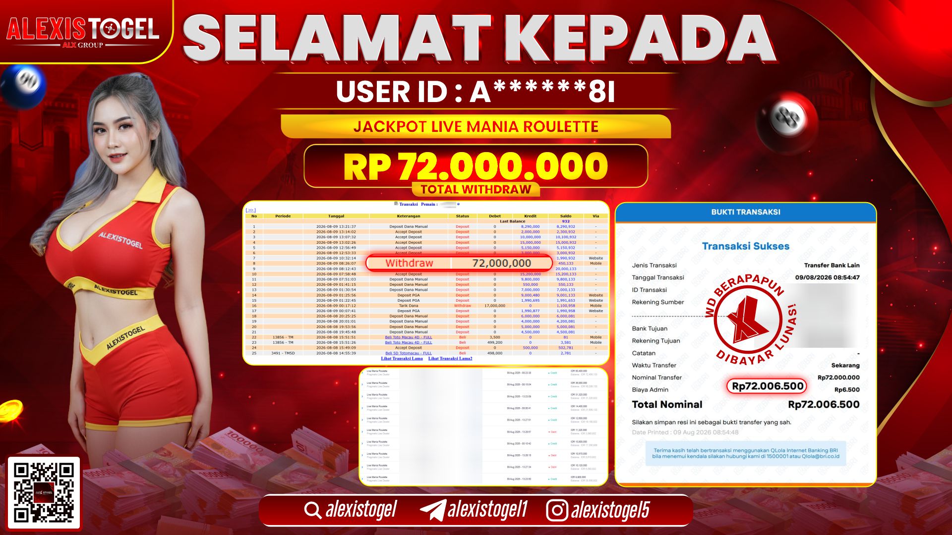 ALEXISTOGEL JACKPOT DI LIVE MANIA ROULETTE RP.72.000.000,- LUNAS
