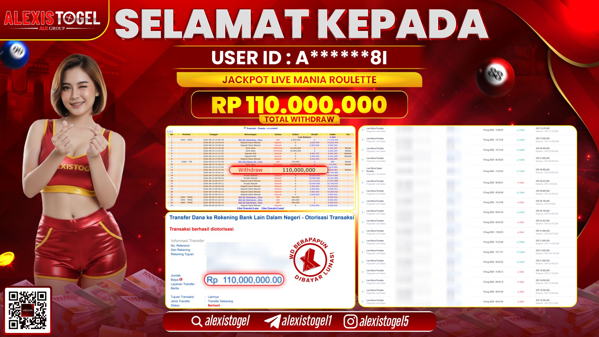 ALEXISTOGEL JACKPOT DI LIVE MANIA ROULETTE RP.110.000.000,- LUNAS