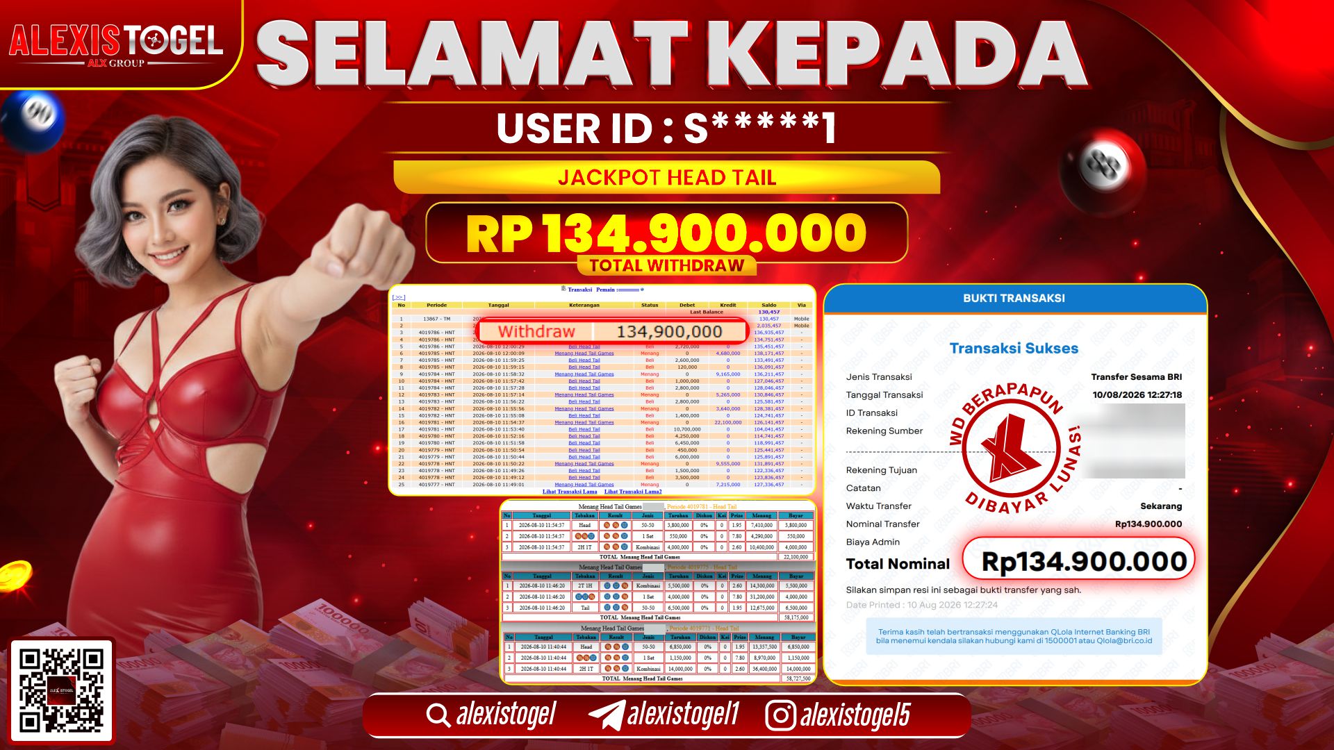ALEXISTOGEL JACKPOT DI HEAD TAIL RP.134.900.000,- LUNAS