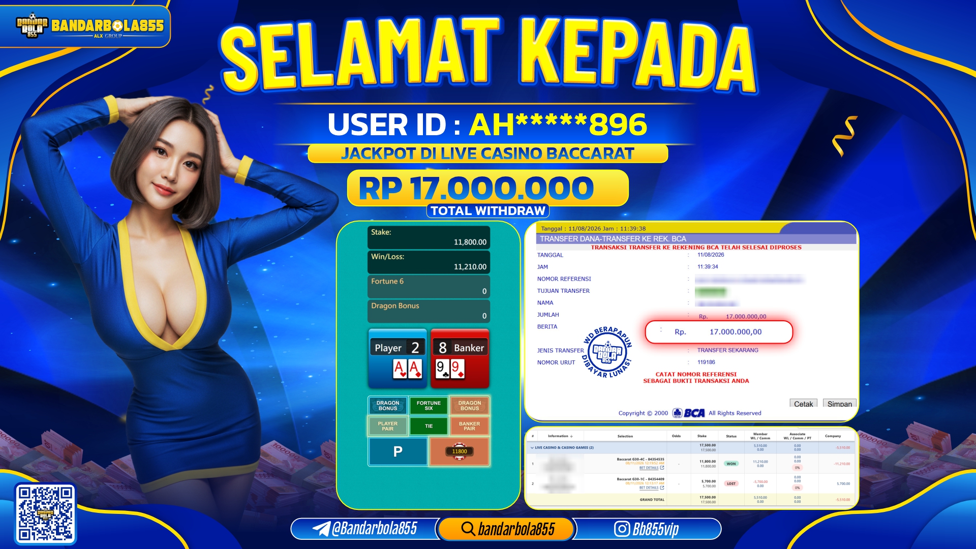 JACKPOT BANDARBOLA855 DI LIVE CASINO BACCARAT Rp17.000.000, - LUNAS🎖