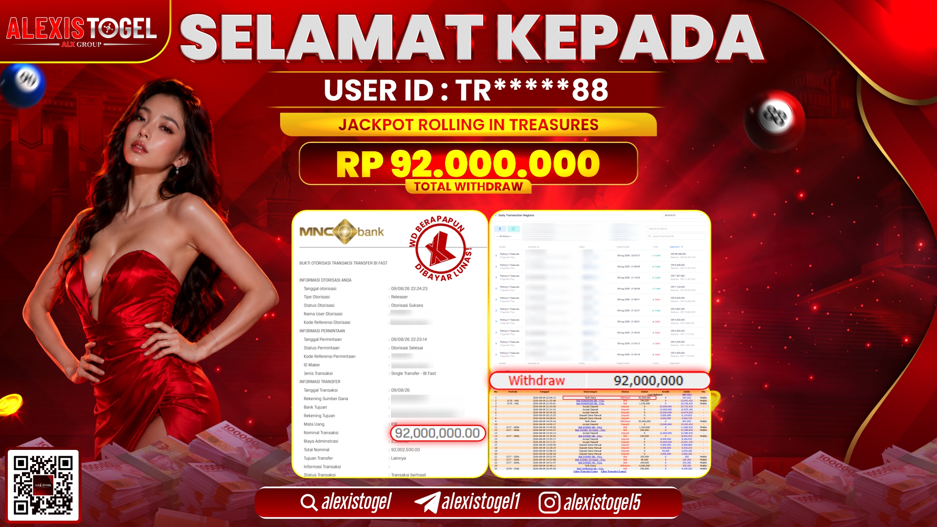 ALEXISTOGEL JACKPOT DI ROLLING IN TEASURES RP.92.000.000,- LUNAS