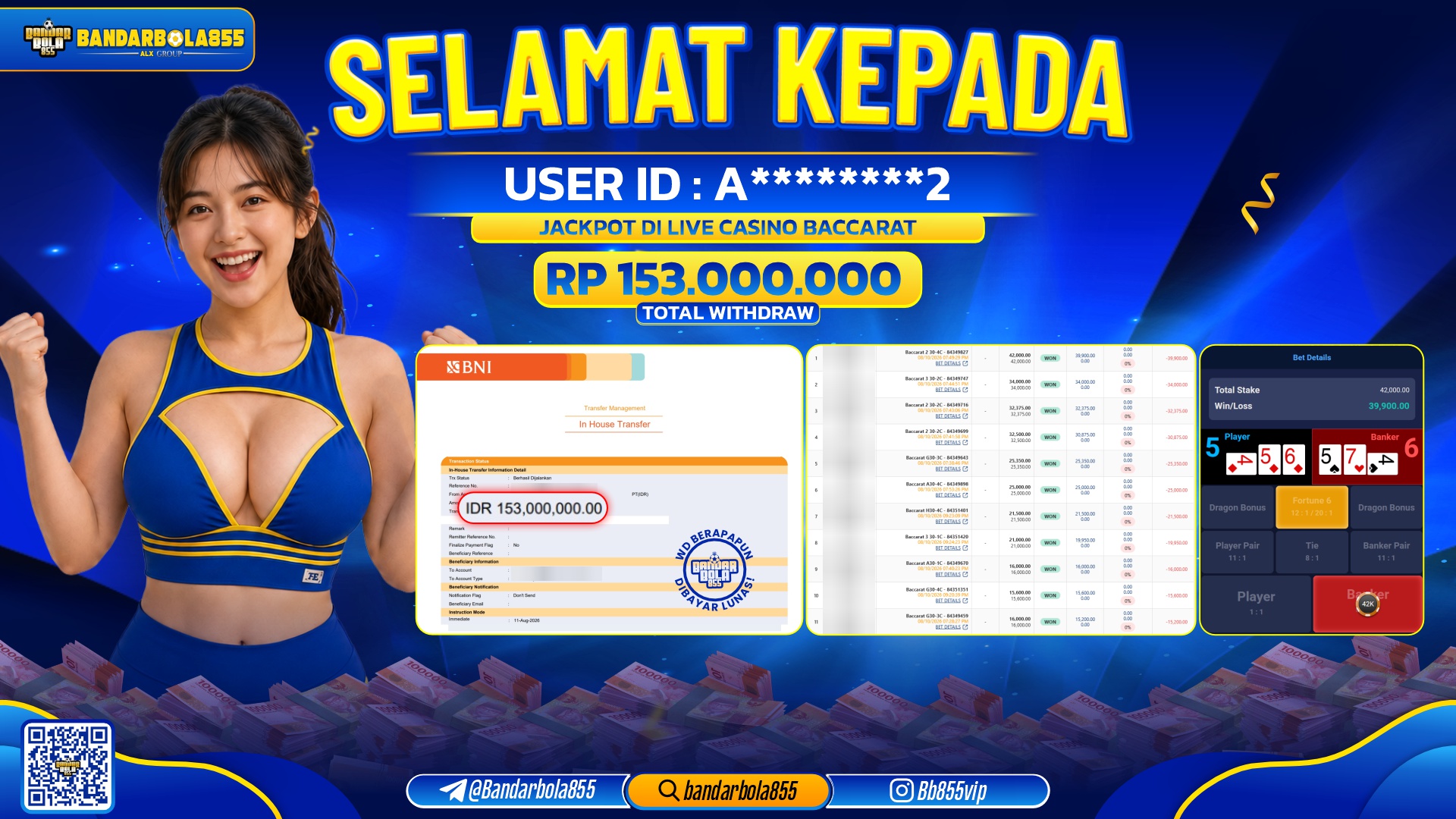 JACKPOT BANDARBOLA855 DI LIVE CASINO BACCARAT Rp153.000.000, - LUNAS🎖