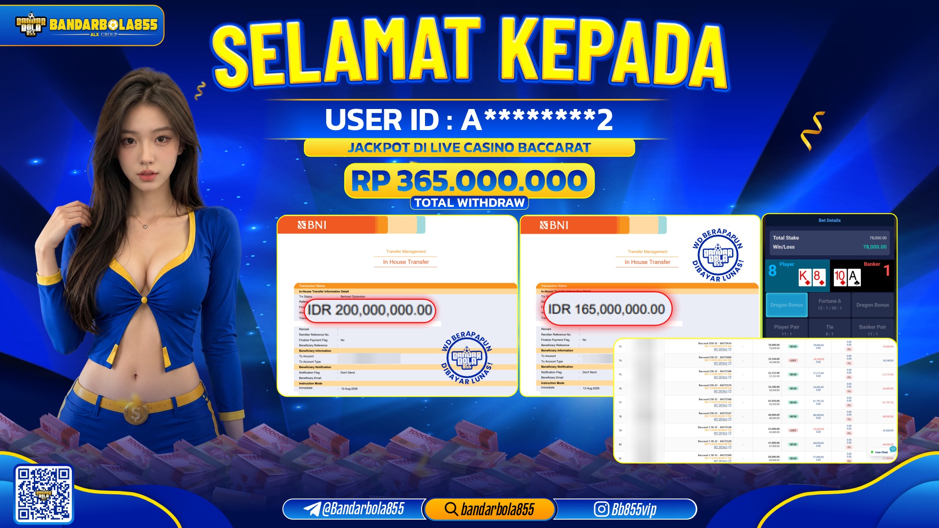 JACKPOT BANDARBOLA855 DI LIVE CASINO BACCARAT Rp365.000.000, - LUNAS🎖
