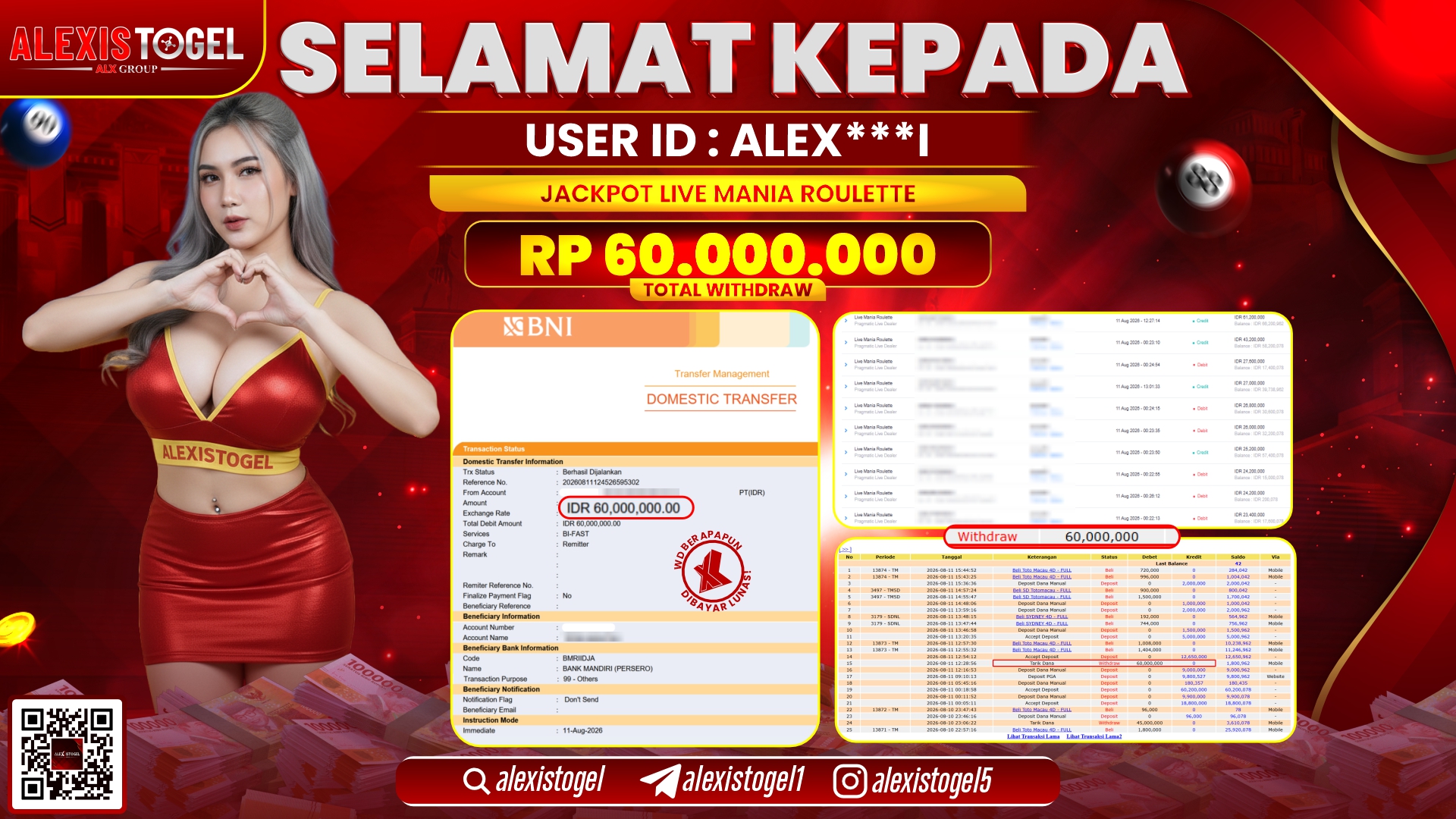 ALEXISTOGEL JACKPOT DI LIVE MANIA ROULETTE RP.60.000.000,- LUNAS